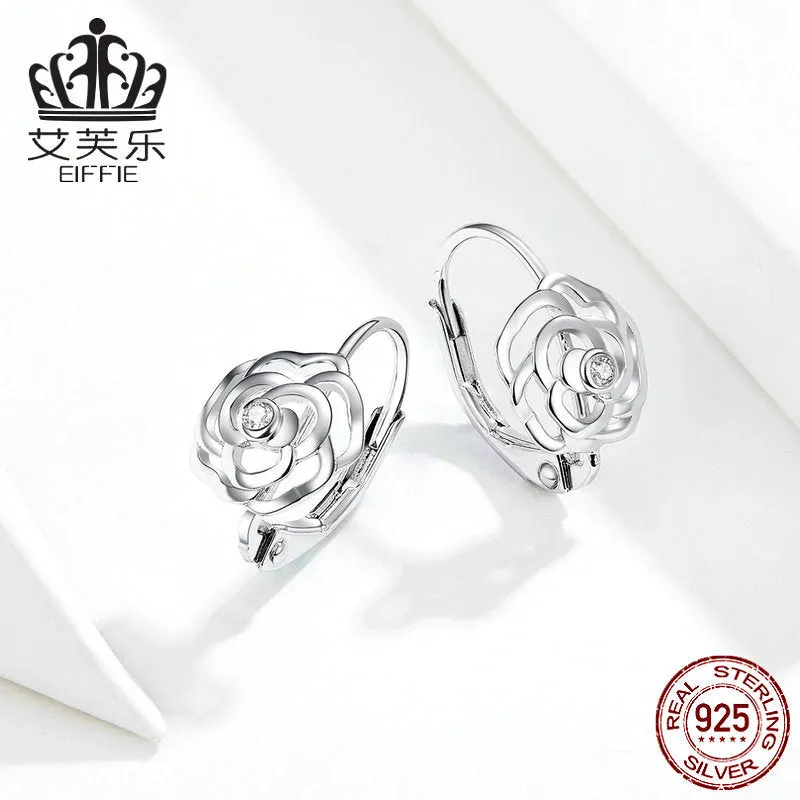 Earrings Rose Sterling Silver White Gold Plated S925 Earrings