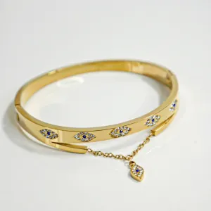 Evil Eye Charm Bracelet Cuff Cubic Zirconia 18K Gold Plated Hard Bracelets - KESLEY