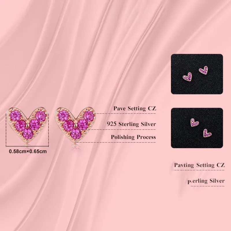 Exquisite Zircon Adorned Pink Love Heart Stud Earrings