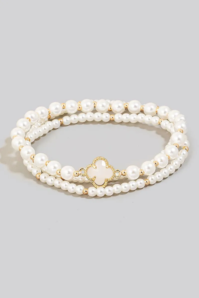 Faceted Clover Charm Pearl Beaded Bracelet - set of 2