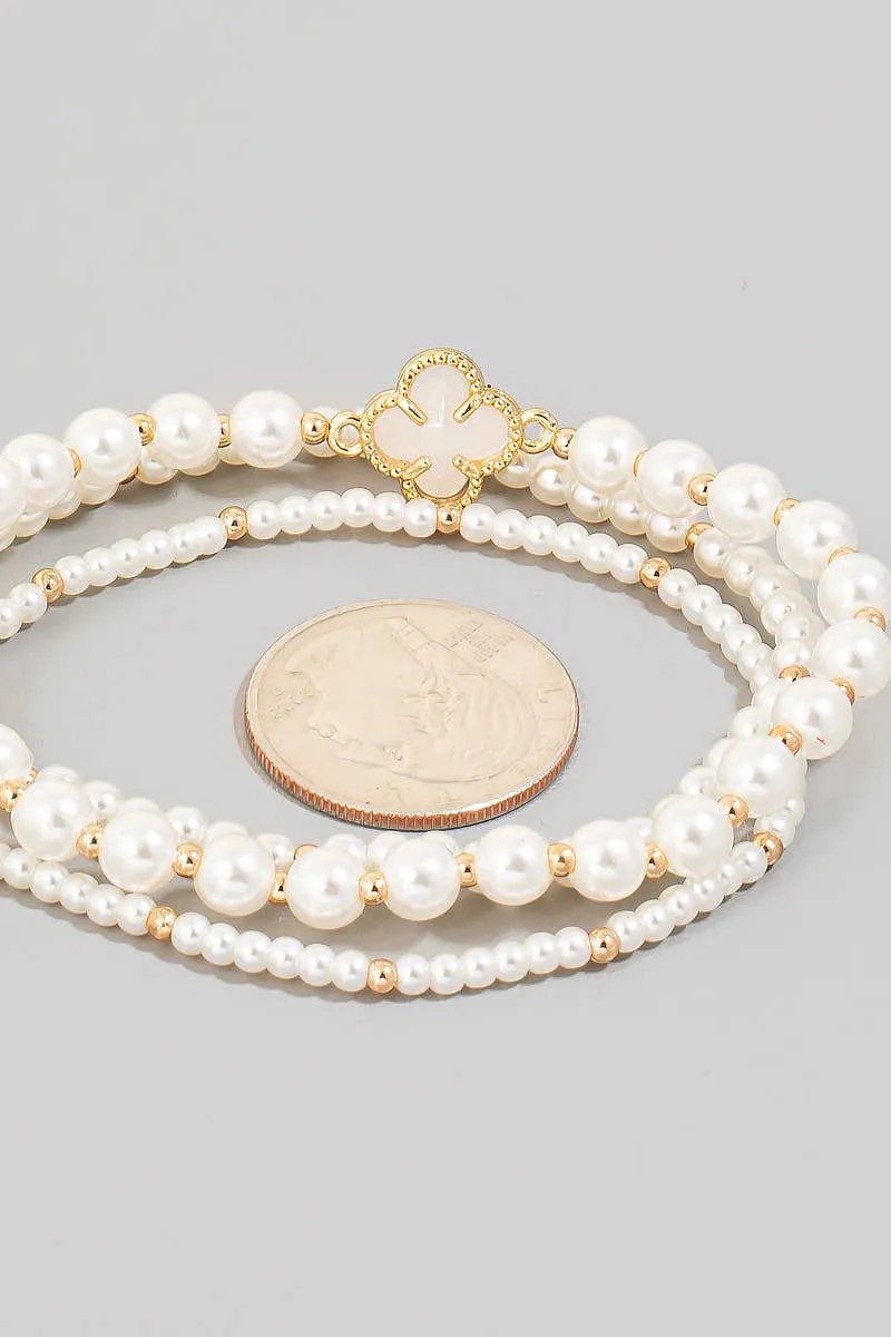 Faceted Clover Charm Pearl Beaded Bracelet - set of 2