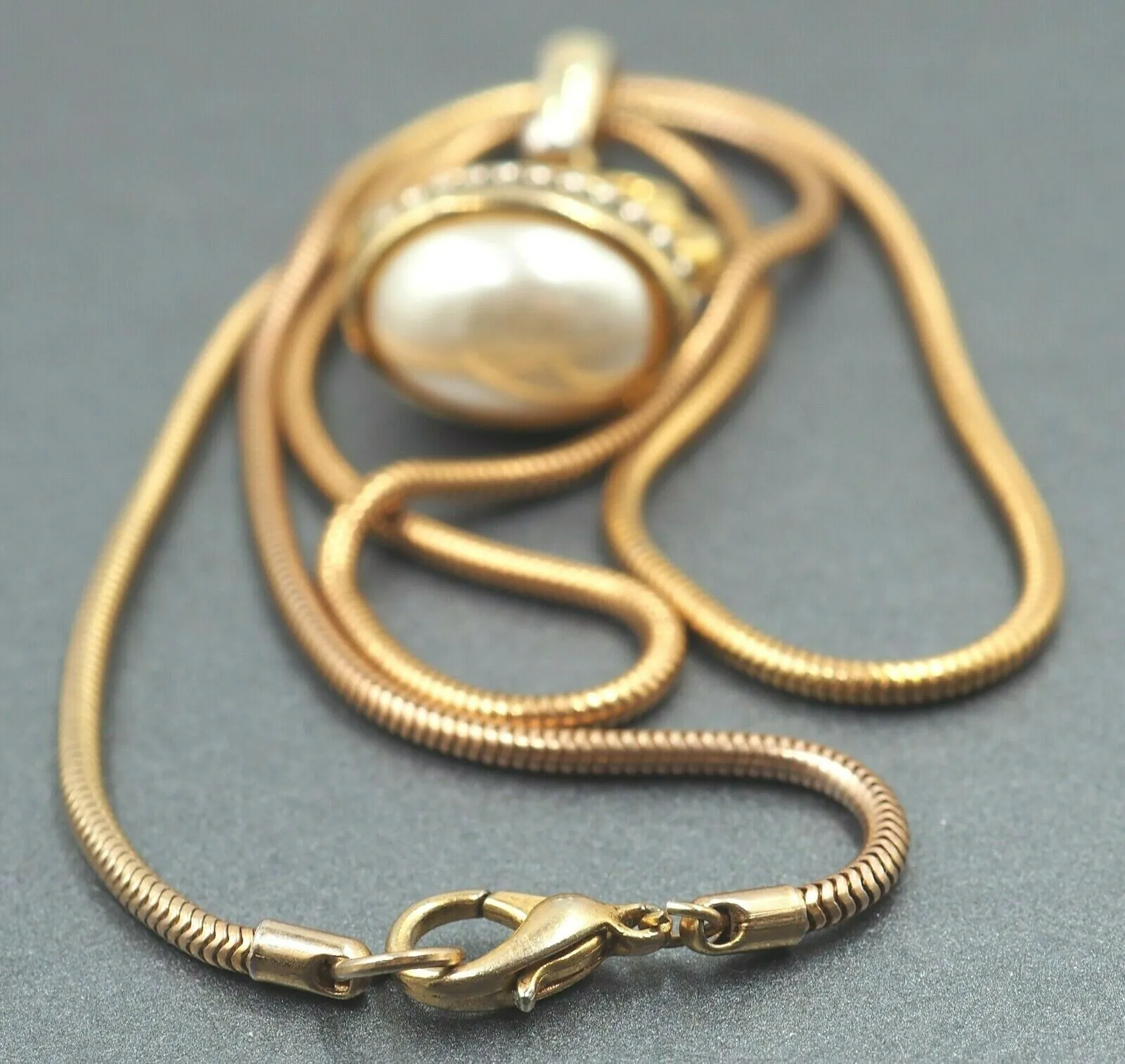 Faux Pearl, Gold & Silver Toned Fob Toggle Seal & Yellow Snake Chain Pendant