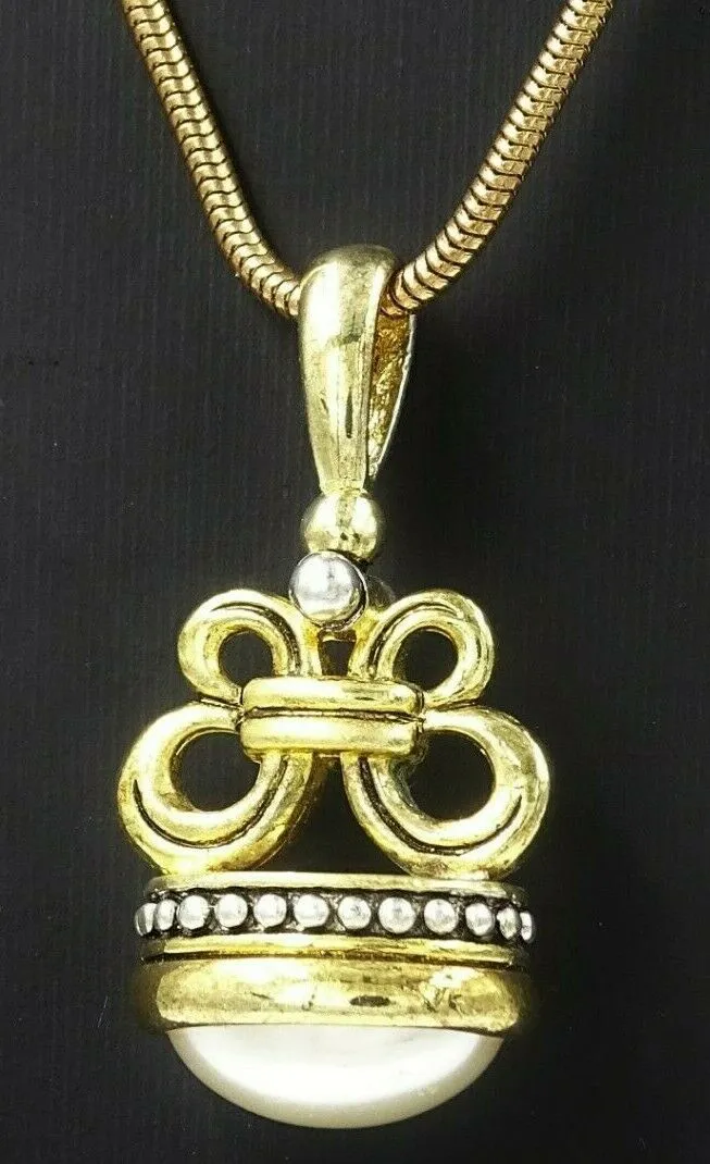 Faux Pearl, Gold & Silver Toned Fob Toggle Seal & Yellow Snake Chain Pendant