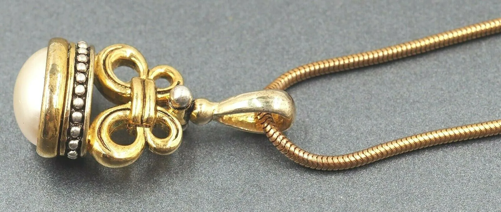 Faux Pearl, Gold & Silver Toned Fob Toggle Seal & Yellow Snake Chain Pendant