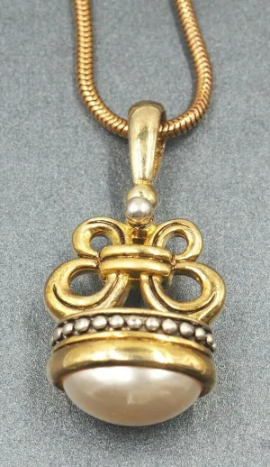 Faux Pearl, Gold & Silver Toned Fob Toggle Seal & Yellow Snake Chain Pendant