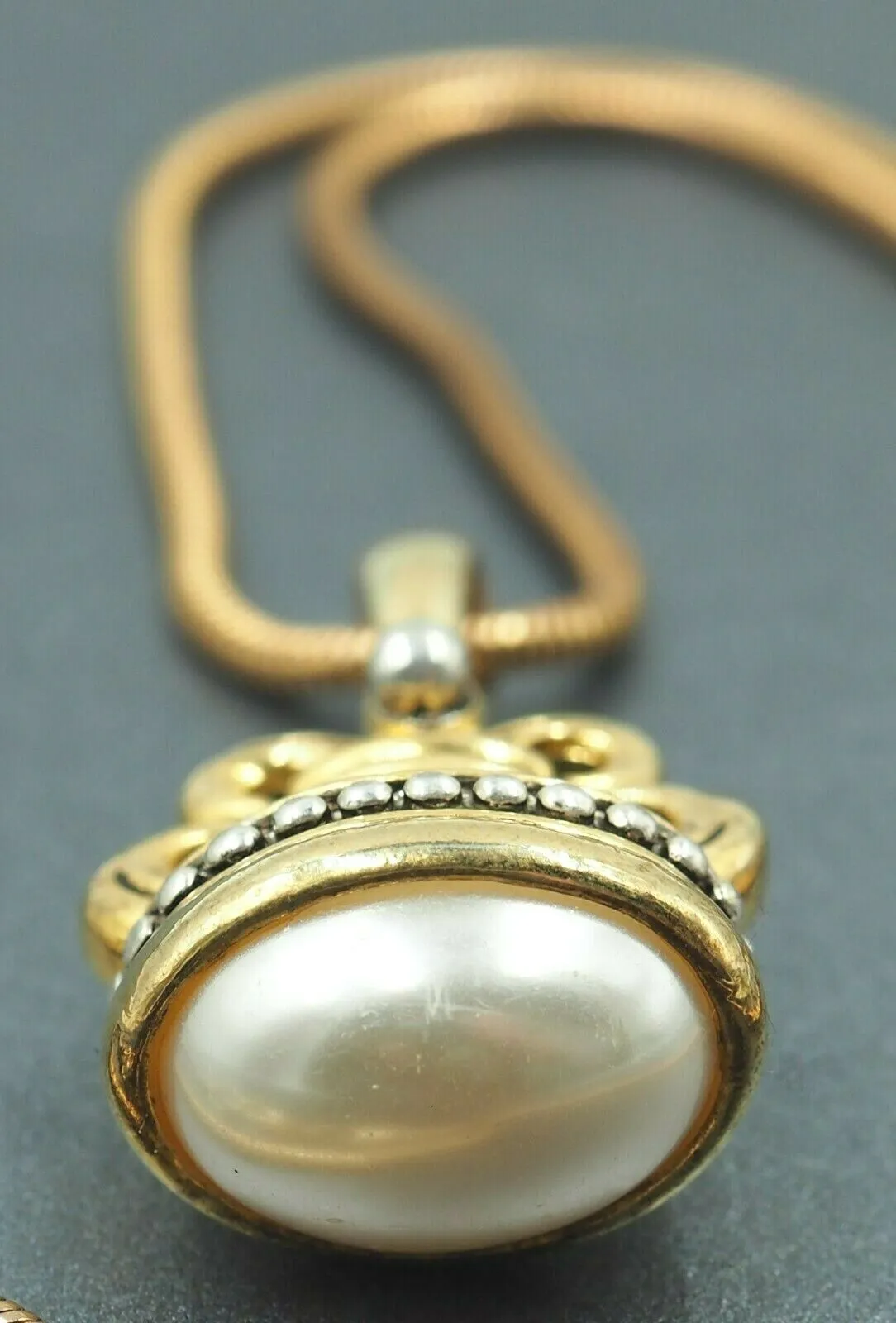 Faux Pearl, Gold & Silver Toned Fob Toggle Seal & Yellow Snake Chain Pendant