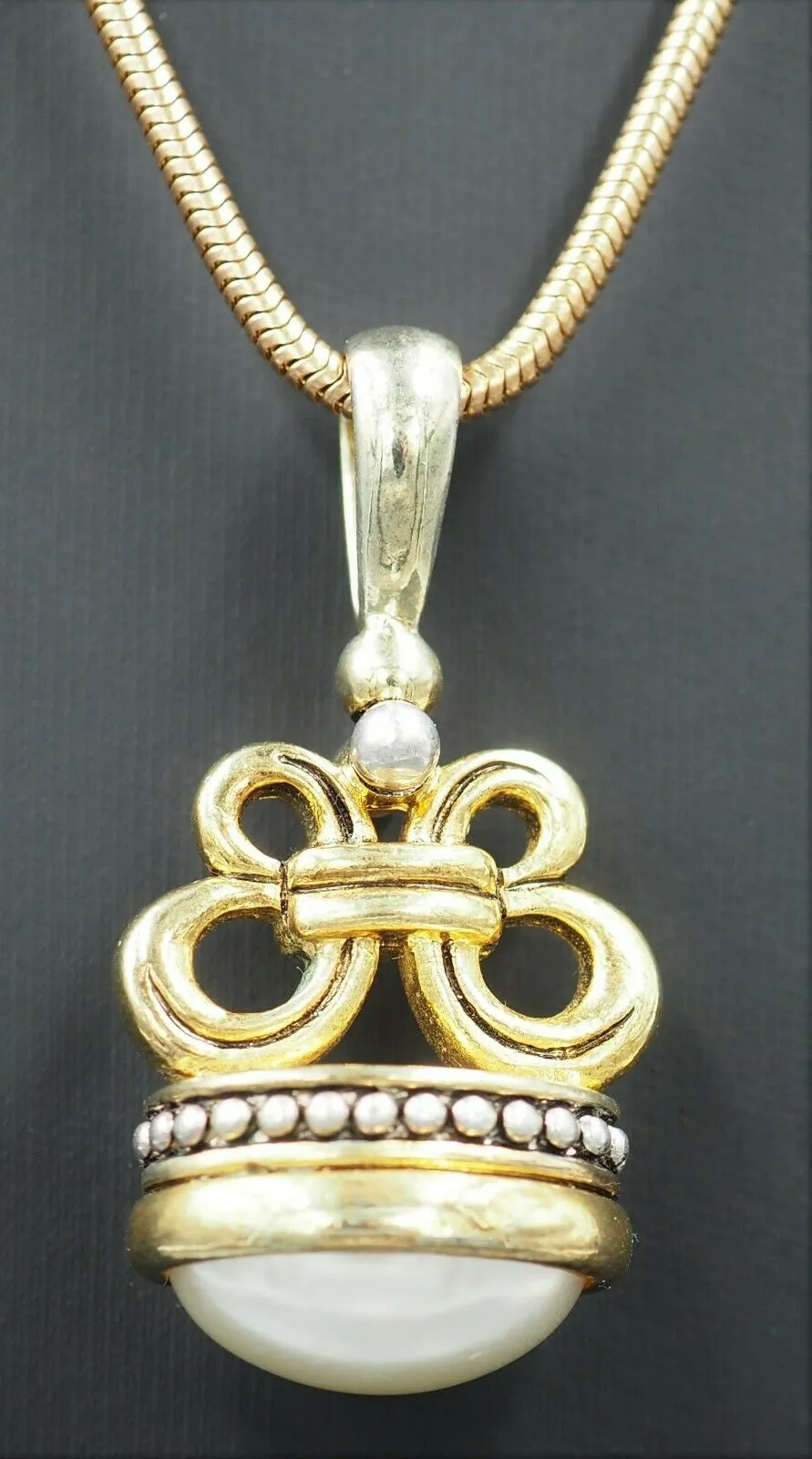 Faux Pearl, Gold & Silver Toned Fob Toggle Seal & Yellow Snake Chain Pendant