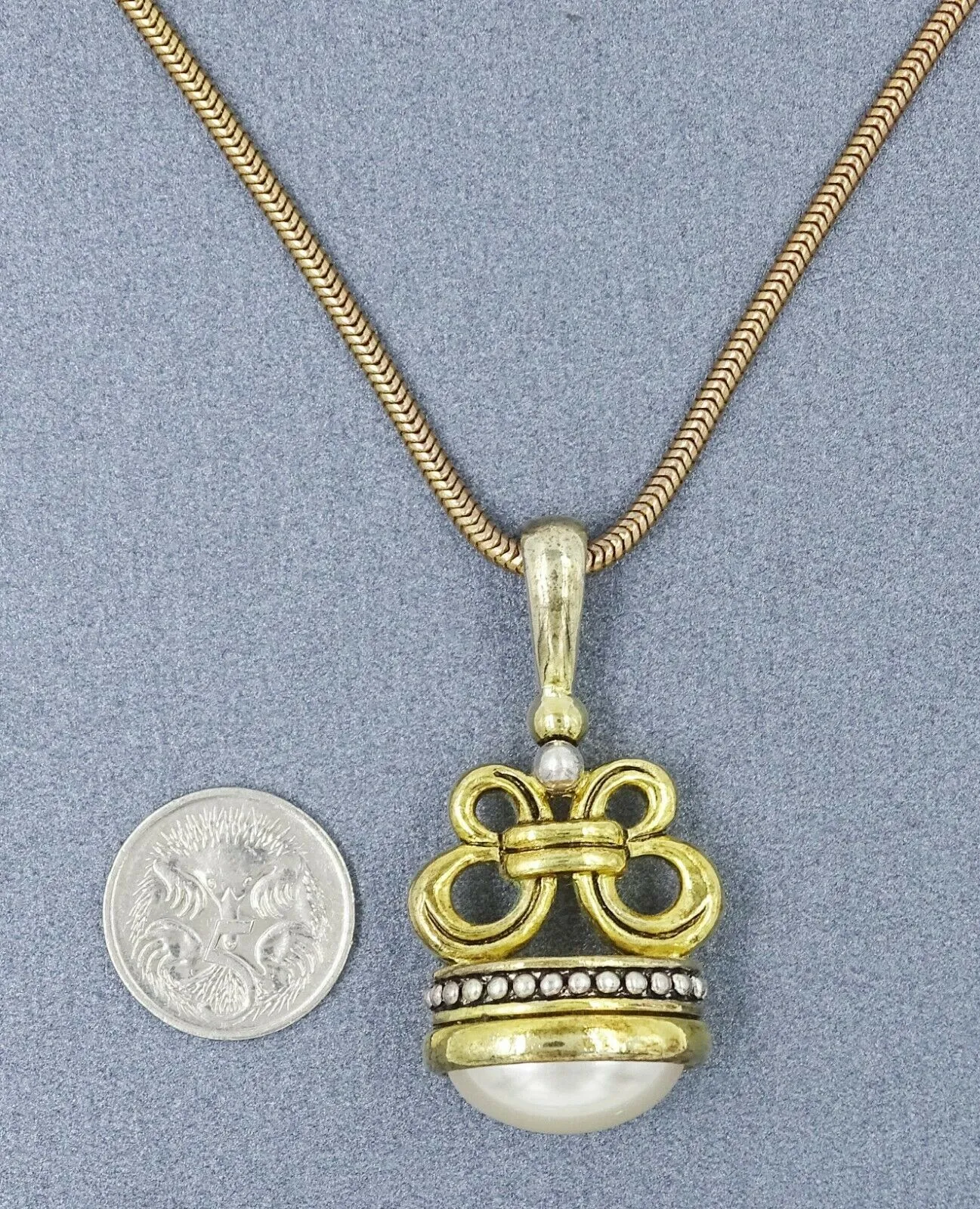Faux Pearl, Gold & Silver Toned Fob Toggle Seal & Yellow Snake Chain Pendant
