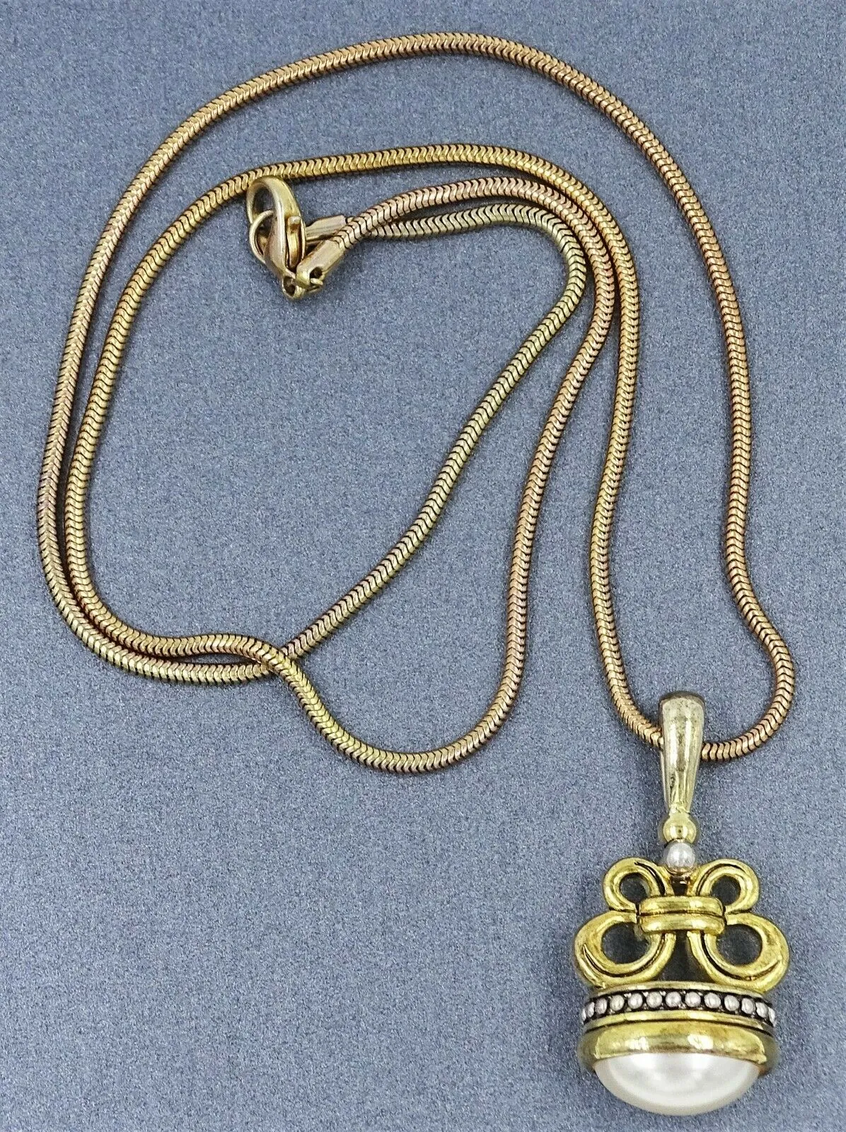 Faux Pearl, Gold & Silver Toned Fob Toggle Seal & Yellow Snake Chain Pendant