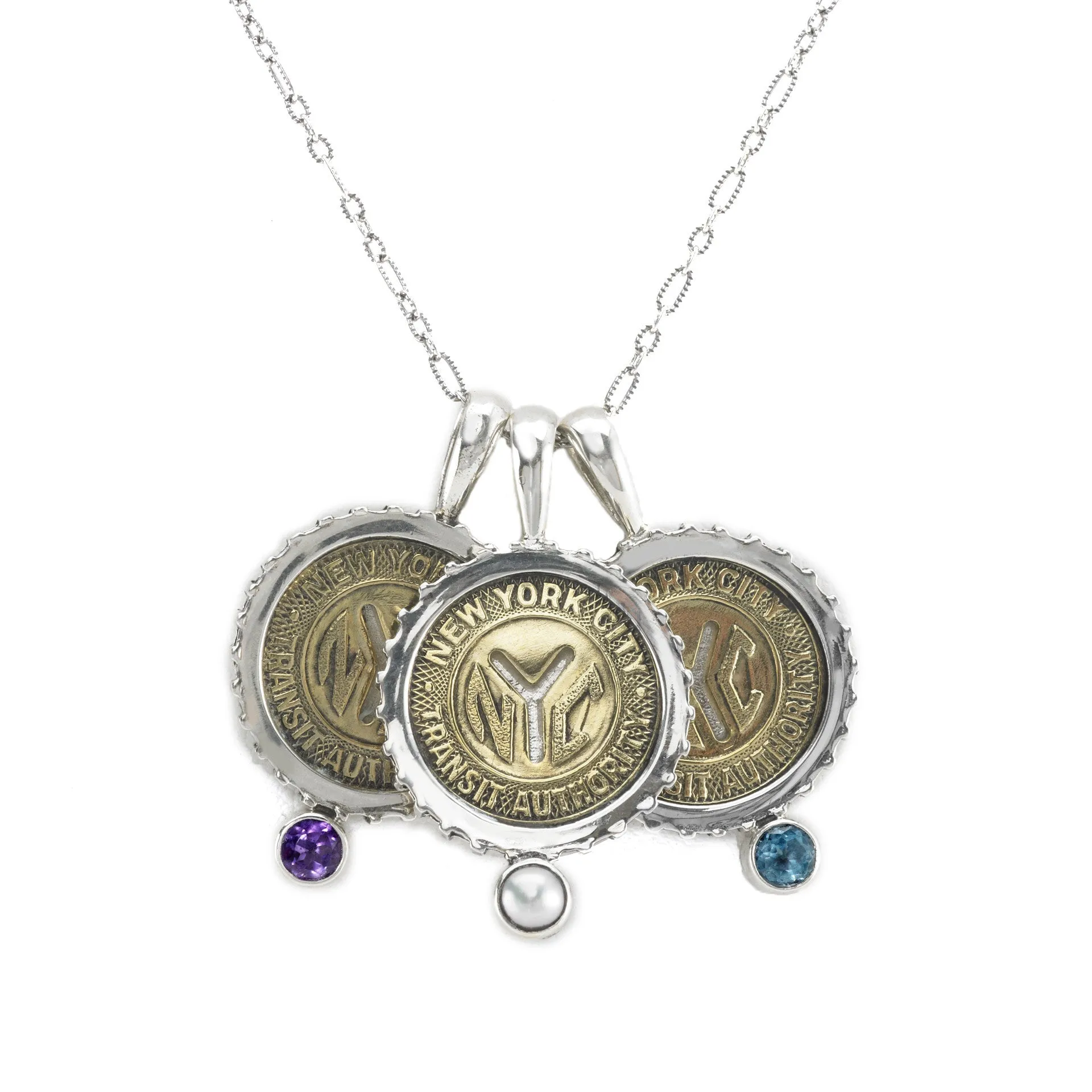 February NYC Authentic Subway Token Amethyst Sterling Silver Charm Necklace