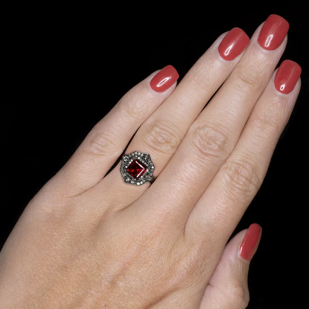 GARNET DIAMOND COCKTAIL RING NATURAL RED ASSCHER CUT SQUARE VINTAGE STYLE ROSE