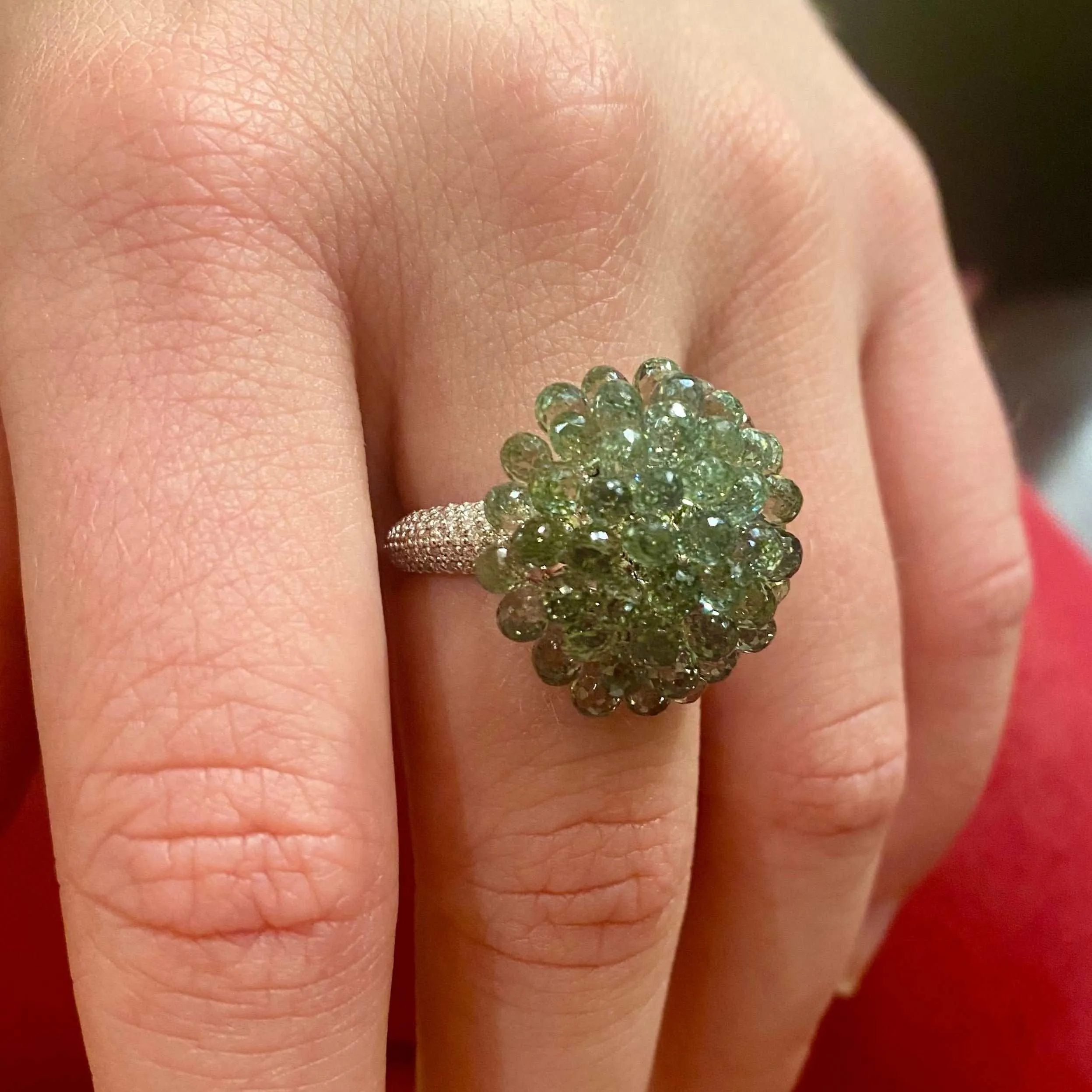 Green Briolette Sapphire Diamond White Gold Ring