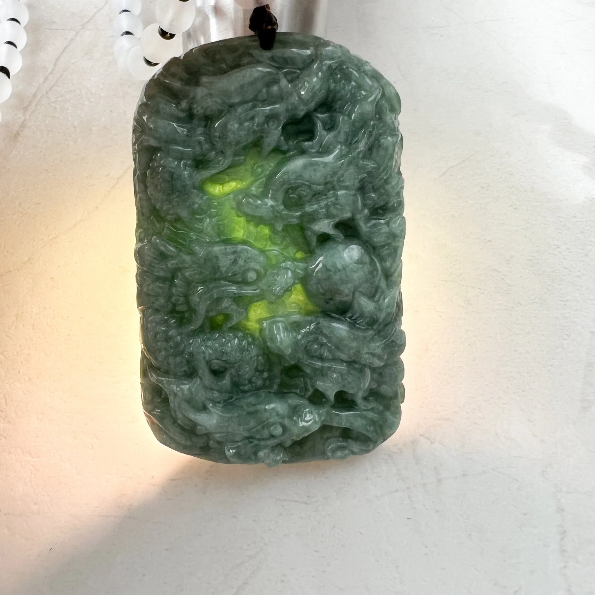 Green Jade 9 Dragon Jadeite Jade Chinese Zodiac Hand Carved Pendant Necklace, YJ-1221-0233671