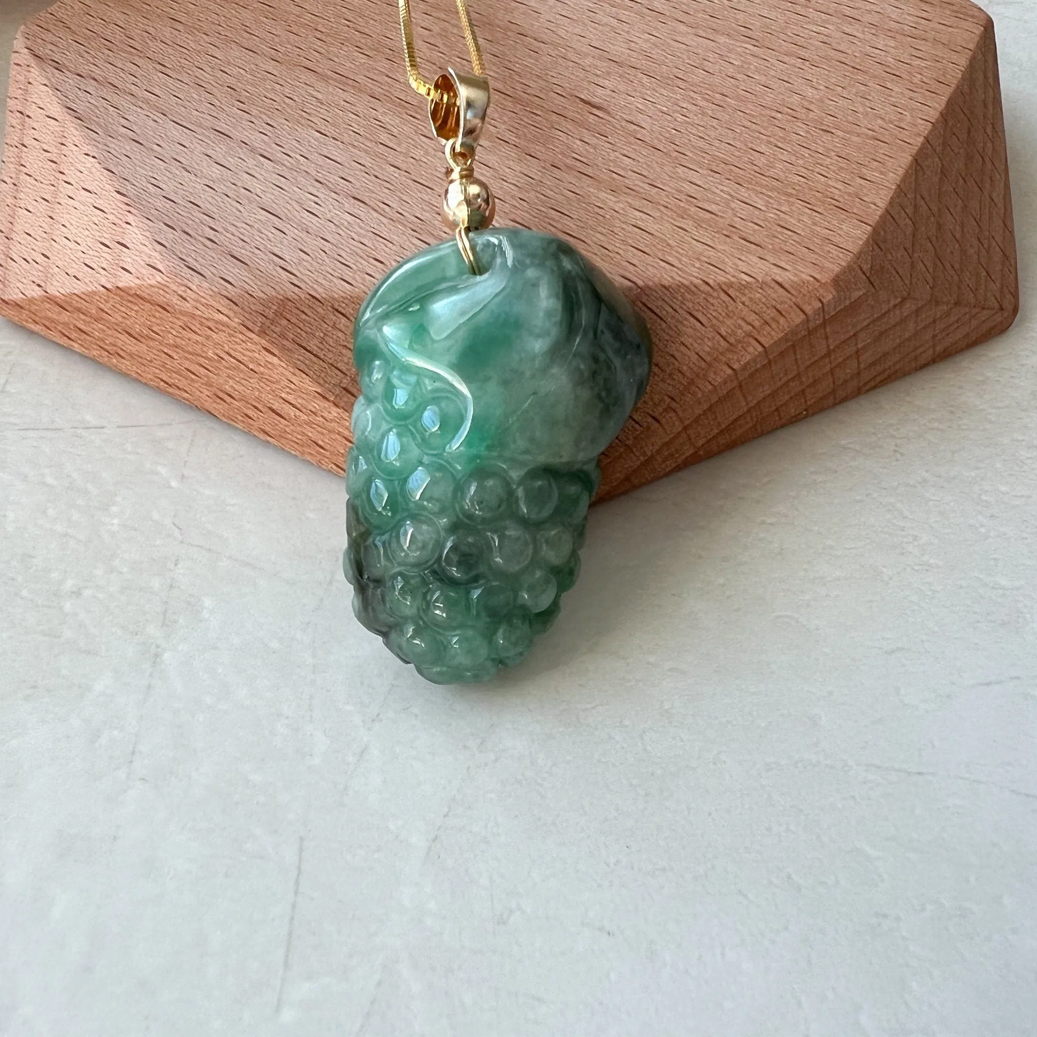 Green Jade Grape, Gold Plated, Jadeite Jade, Hand Carved Pendant Necklace, FCSG-0921-1647035832