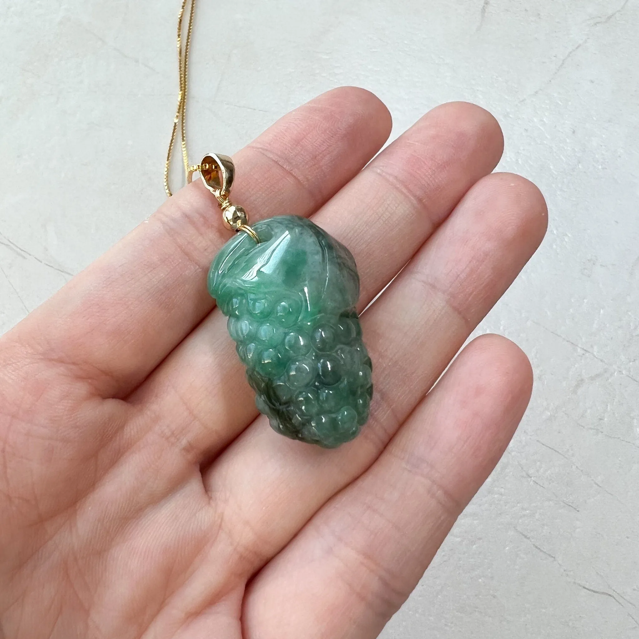 Green Jade Grape, Gold Plated, Jadeite Jade, Hand Carved Pendant Necklace, FCSG-0921-1647035832