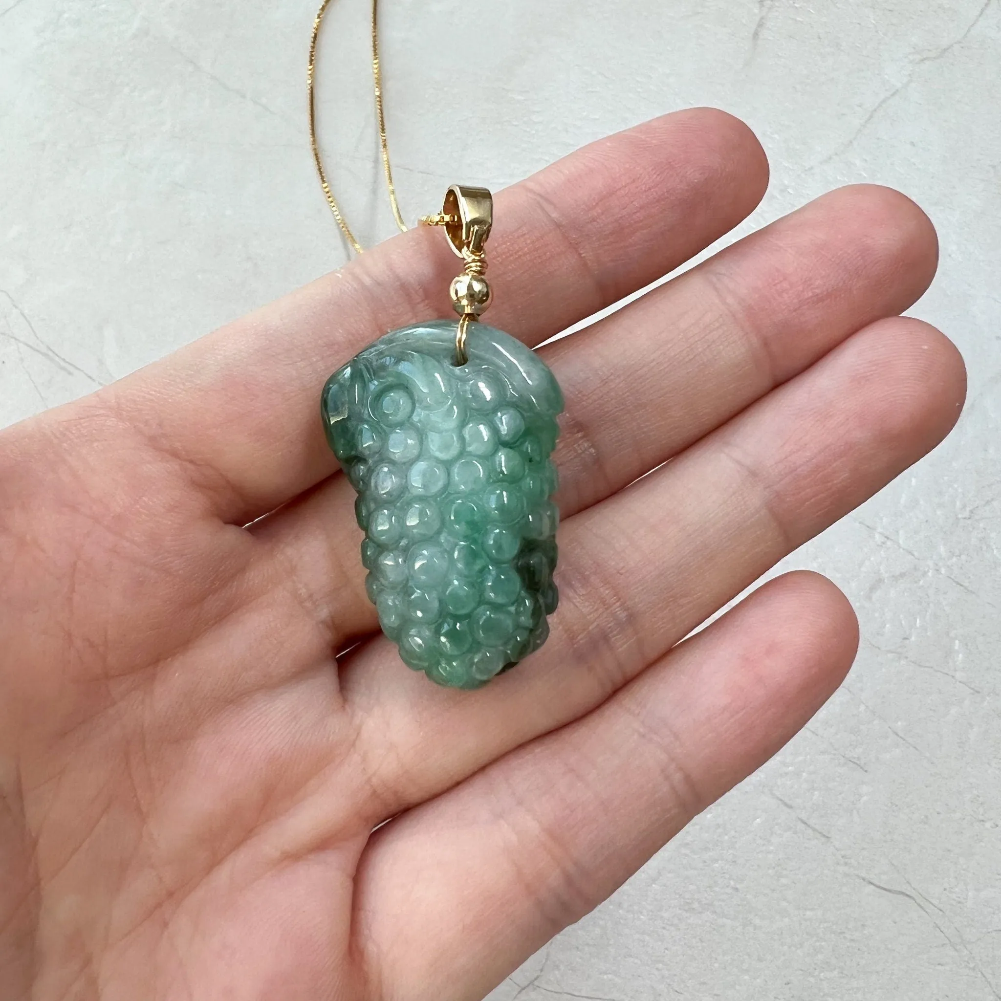 Green Jade Grape, Gold Plated, Jadeite Jade, Hand Carved Pendant Necklace, FCSG-0921-1647035832