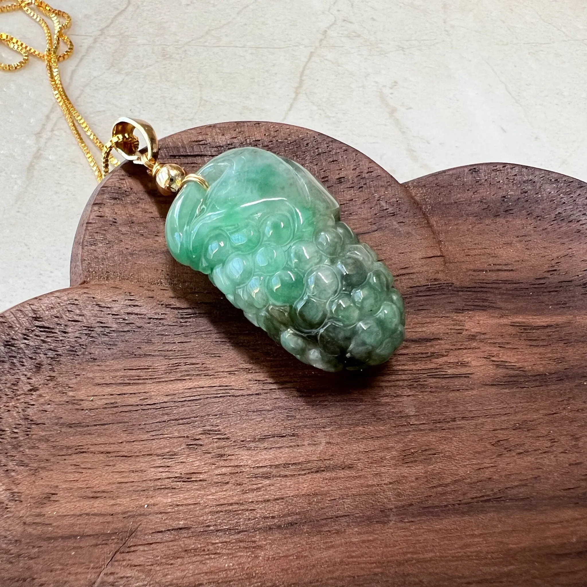 Green Jade Grape, Gold Plated, Jadeite Jade, Hand Carved Pendant Necklace, FCSG-0921-1647035832