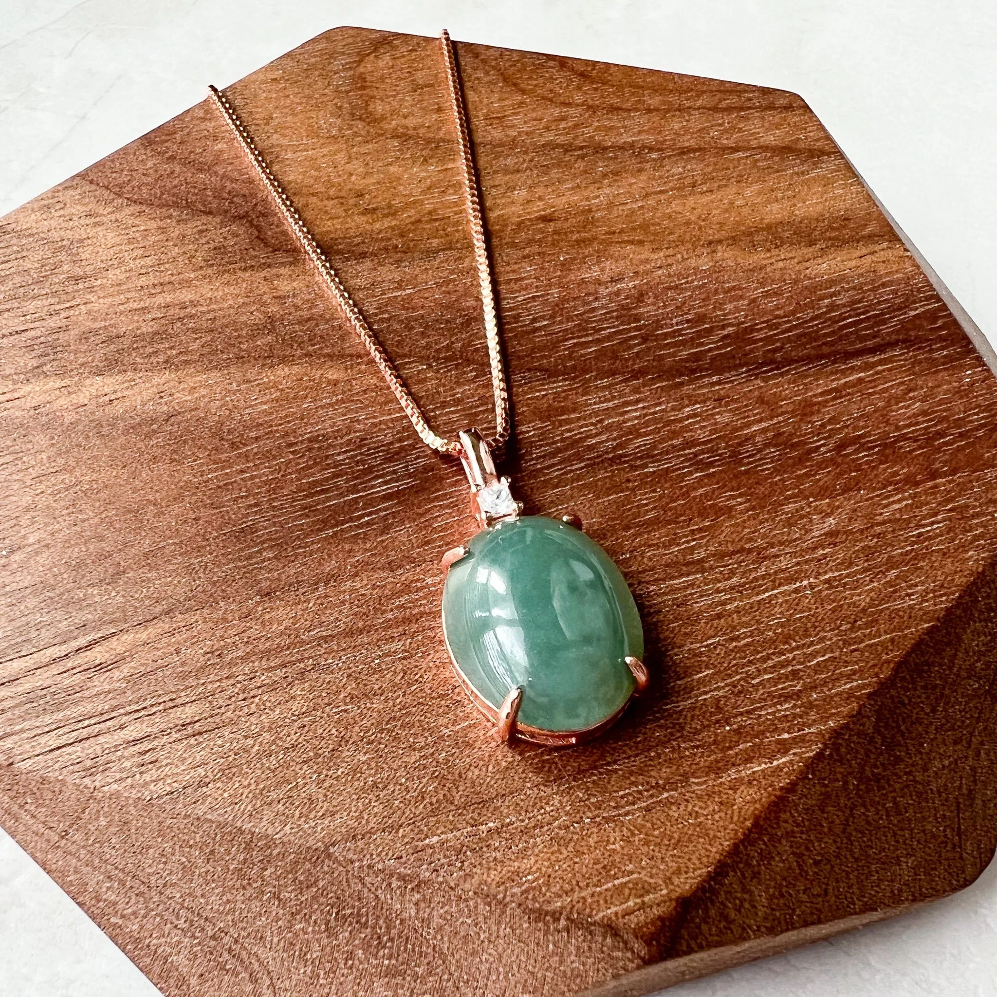 Green Jade Round Cabochon Pendant, Jadeite Jade, Rose Gold Sterling Silver Pendant Necklace, LM-0422-1668398354