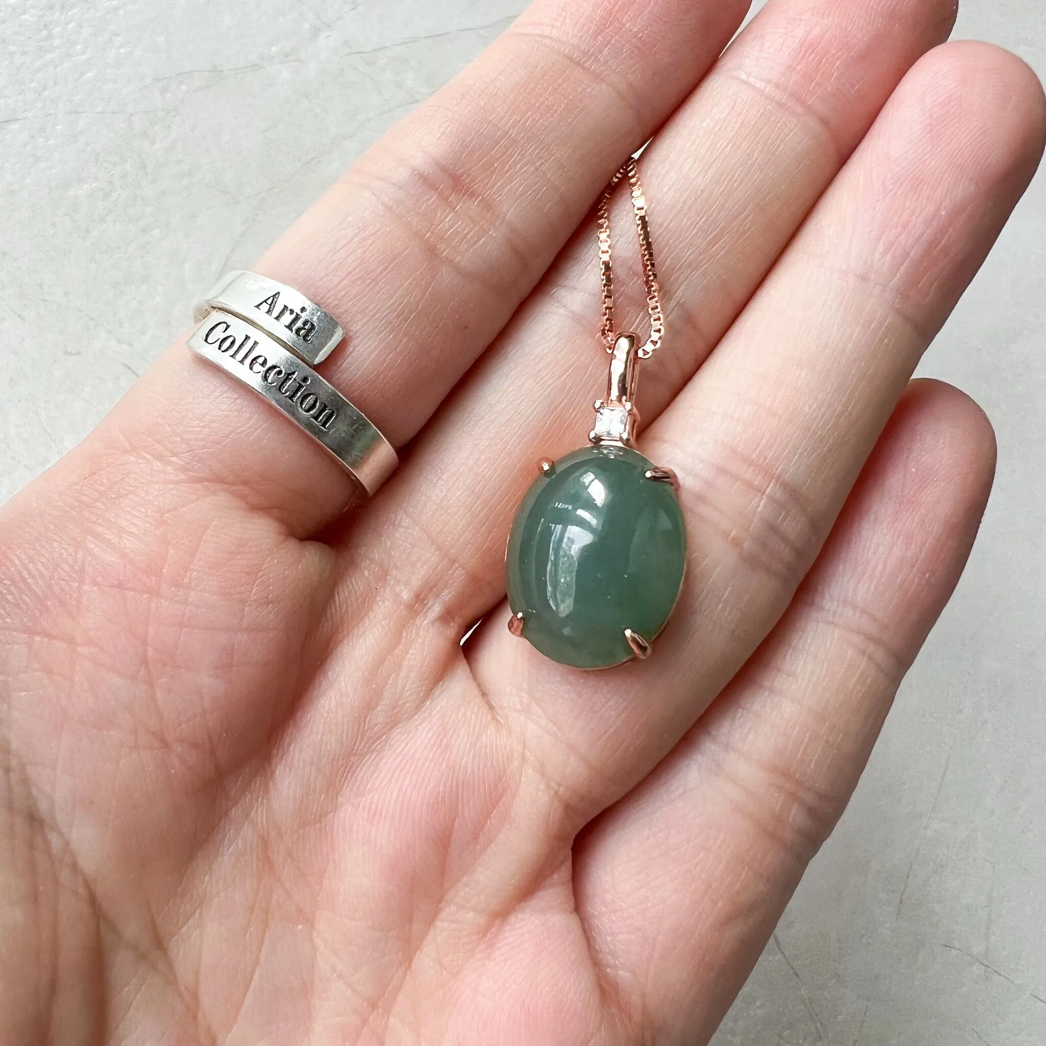 Green Jade Round Cabochon Pendant, Jadeite Jade, Rose Gold Sterling Silver Pendant Necklace, LM-0422-1668398354
