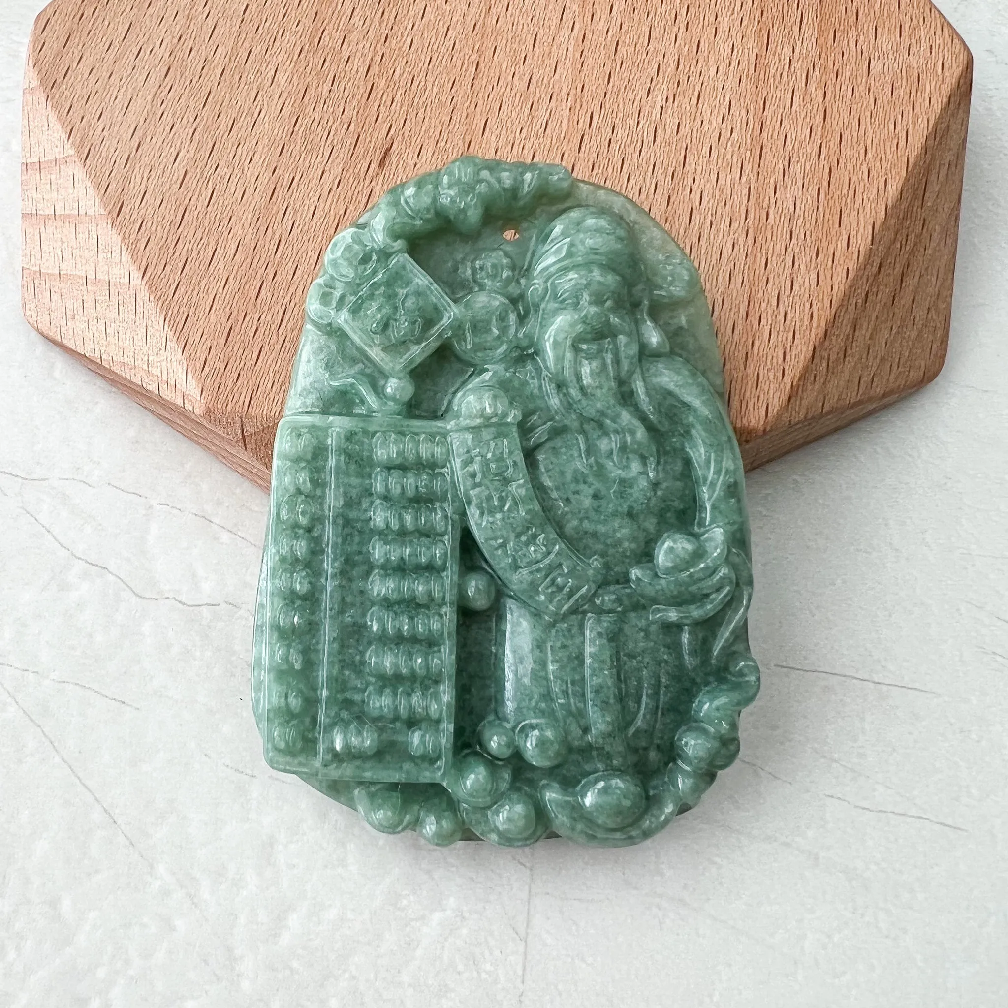 Green Jadeite Jade Fortune God, Caishen, God of Wealth, 财神, Hand Carved Pendant Necklace, YJ-0522-0426884