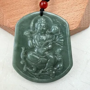 Green Jadeite Jade Guan Yin Avalokiteshvara Carved Pendant Necklace, YJ-1221-0354840