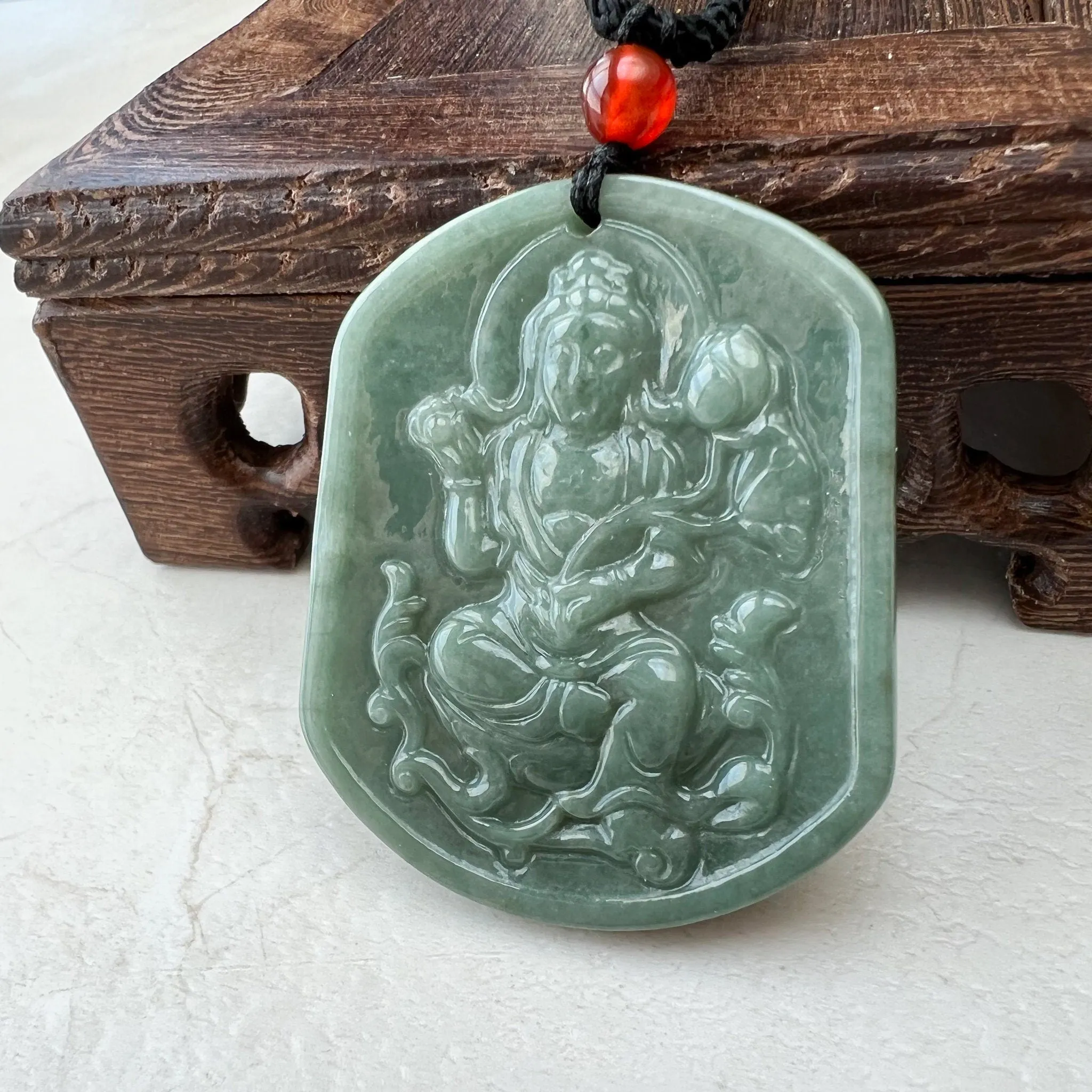 Green Jadeite Jade Guan Yin Avalokiteshvara Carved Pendant Necklace, YJ-1221-0354840