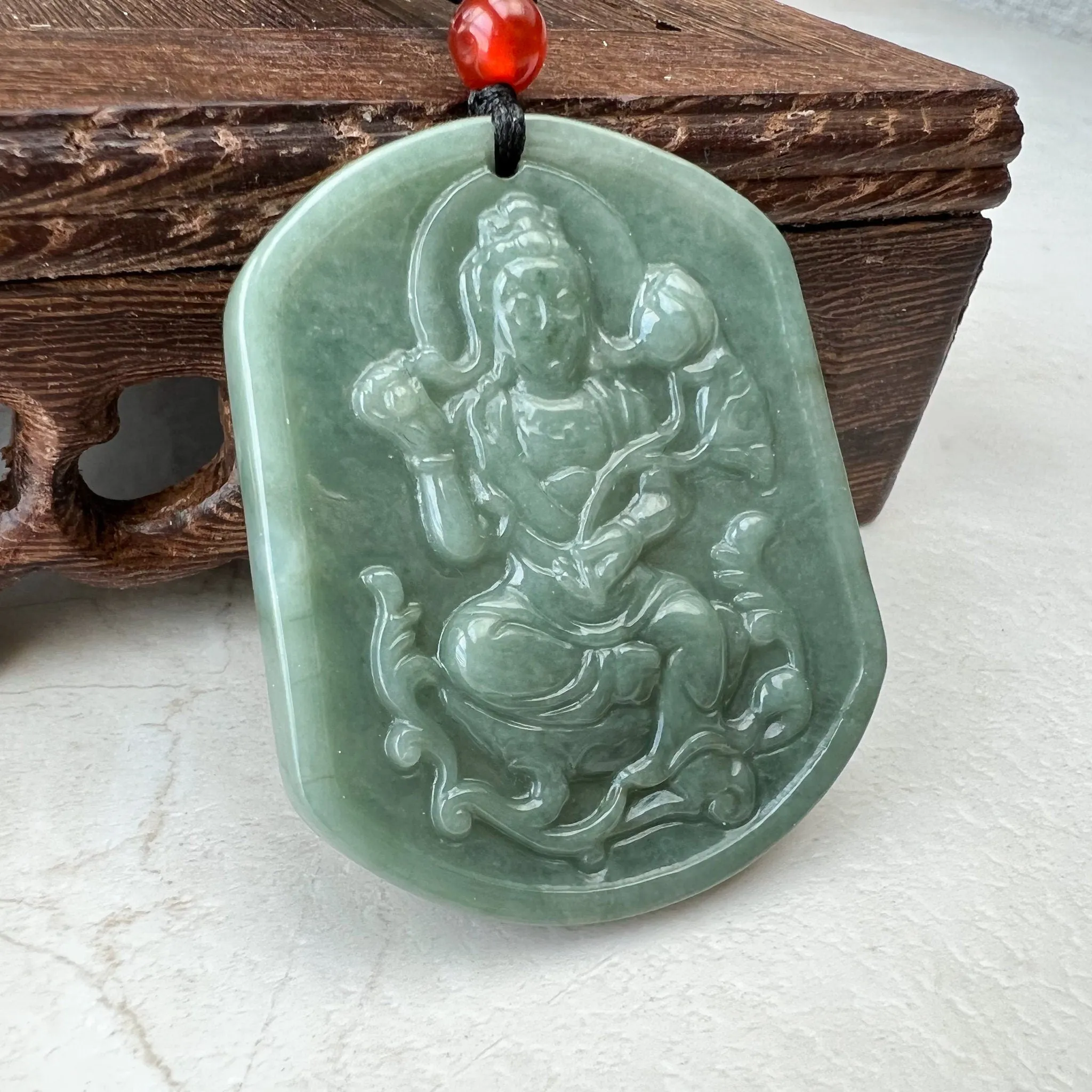 Green Jadeite Jade Guan Yin Avalokiteshvara Carved Pendant Necklace, YJ-1221-0354840