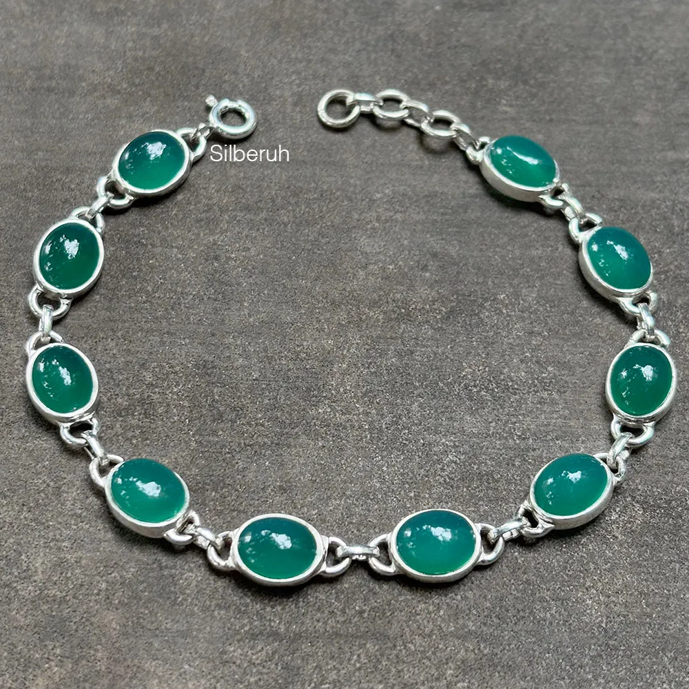 Green Onyx Silver Oval Bracelet