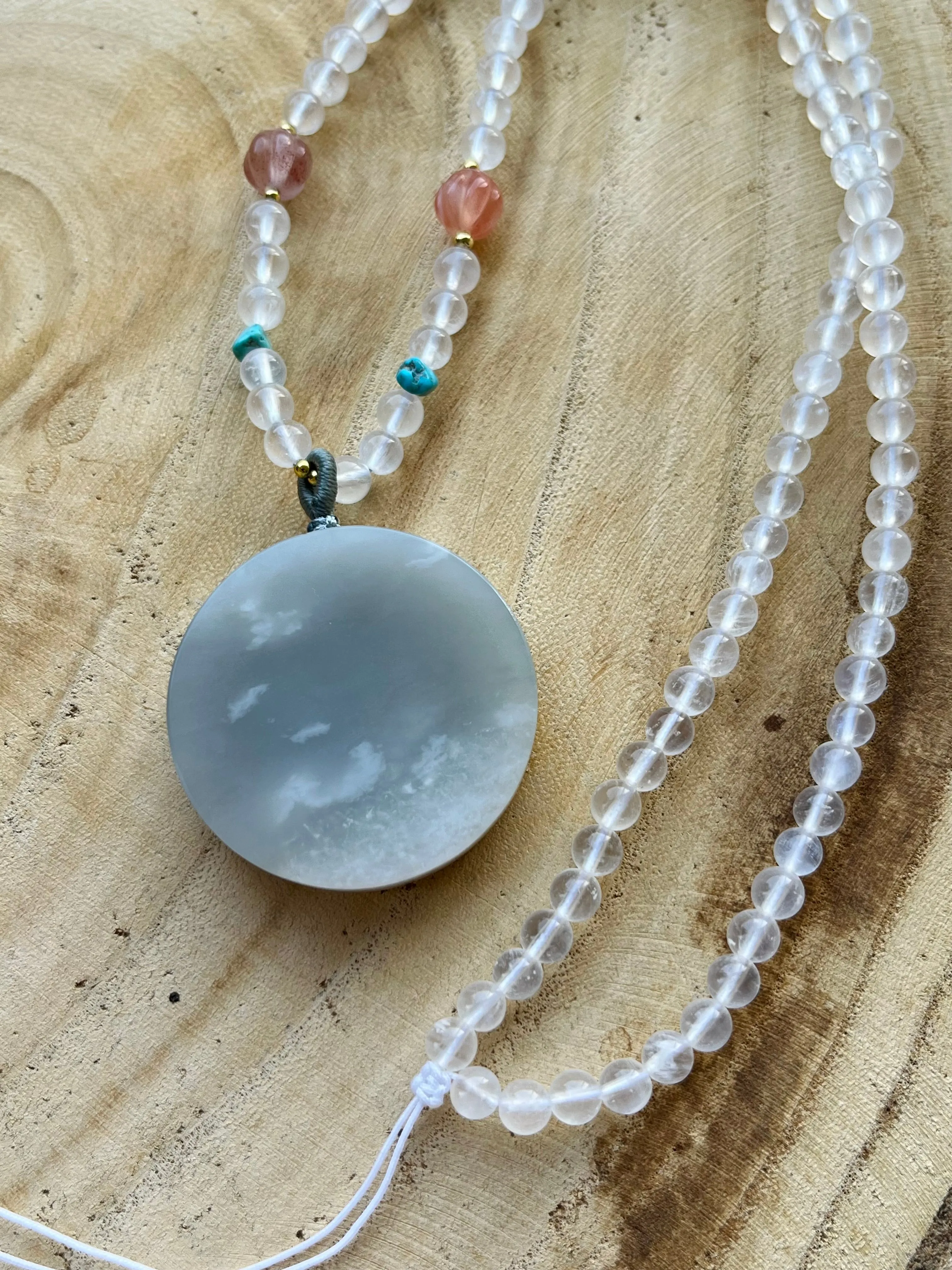 Handmade Necklace with a Purple Hetian Jade Round Shaped Pendant and Moonstone Beaded Cord
