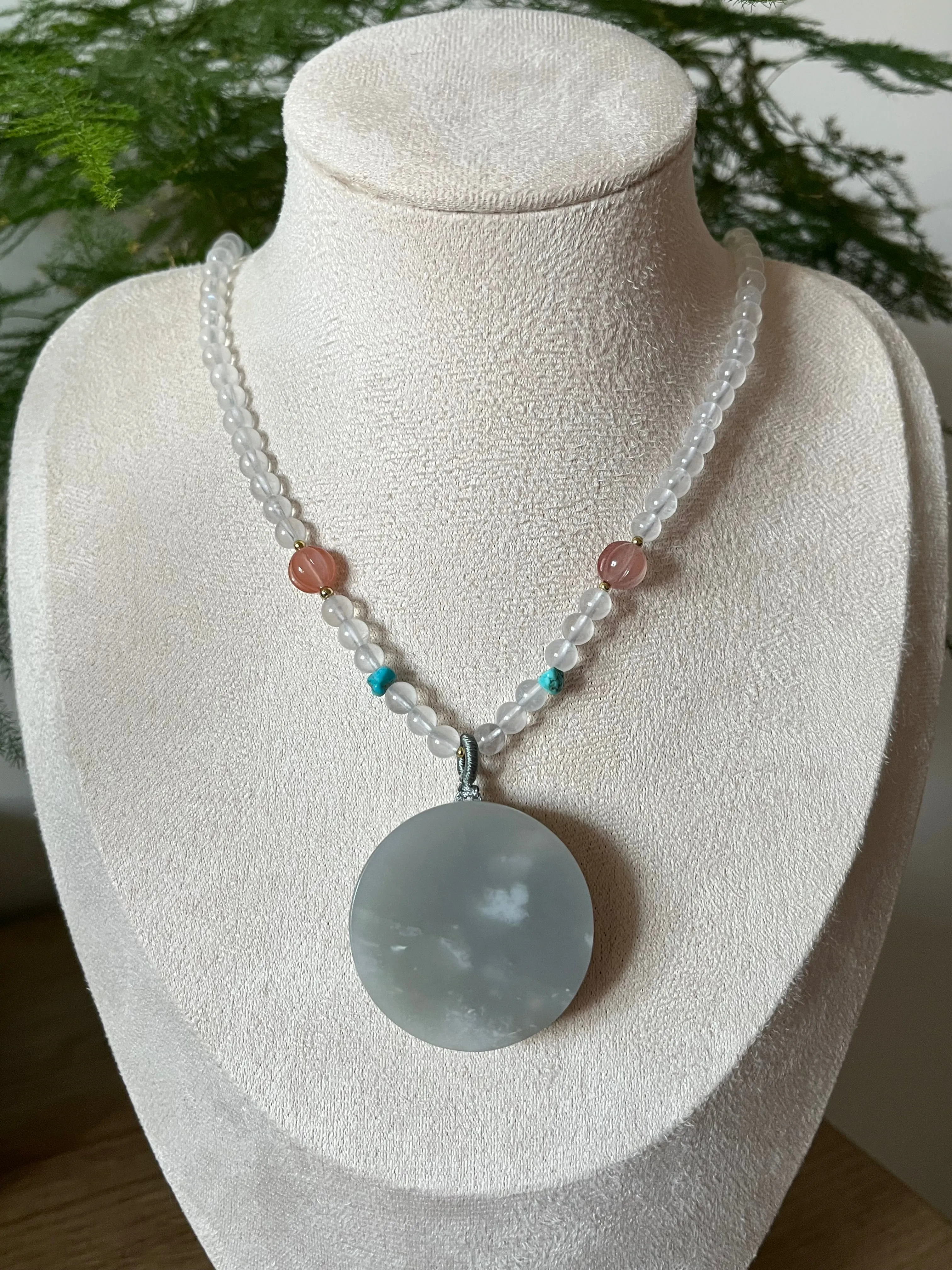 Handmade Necklace with a Purple Hetian Jade Round Shaped Pendant and Moonstone Beaded Cord
