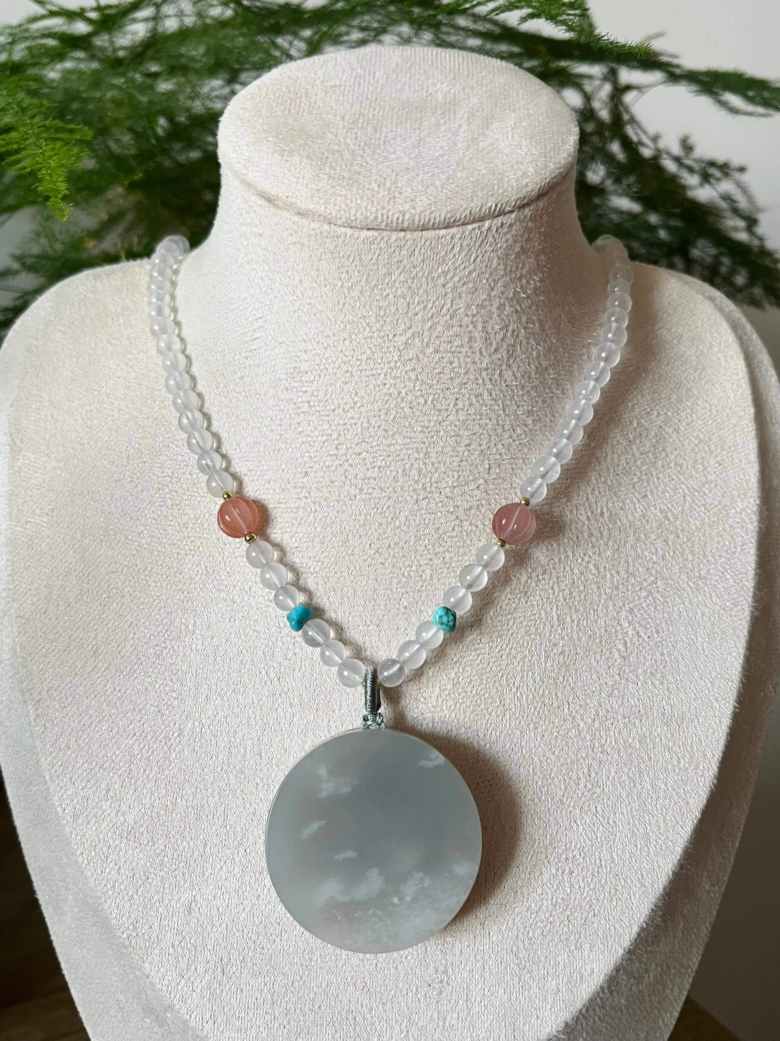 Handmade Necklace with a Purple Hetian Jade Round Shaped Pendant and Moonstone Beaded Cord