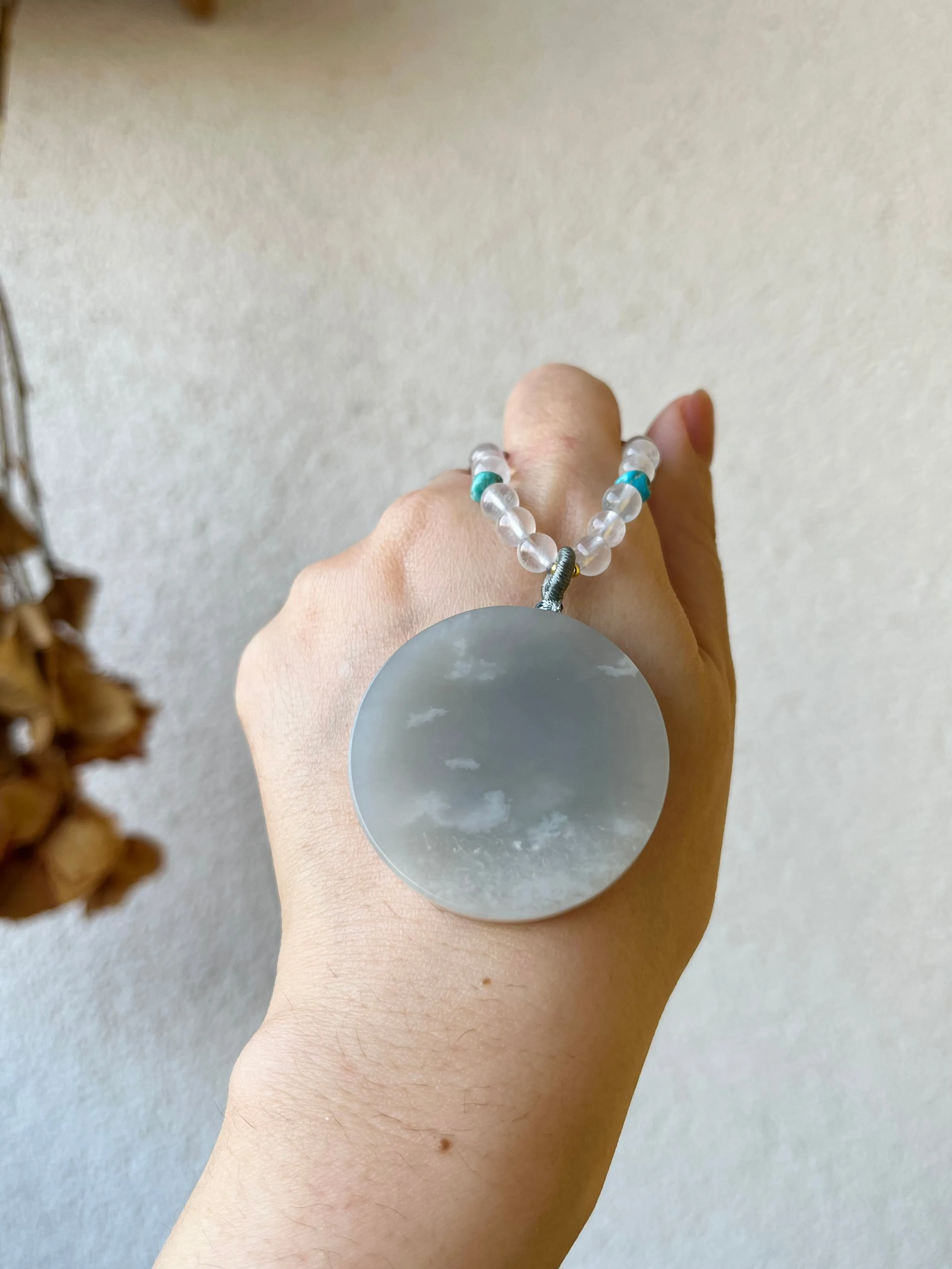 Handmade Necklace with a Purple Hetian Jade Round Shaped Pendant and Moonstone Beaded Cord