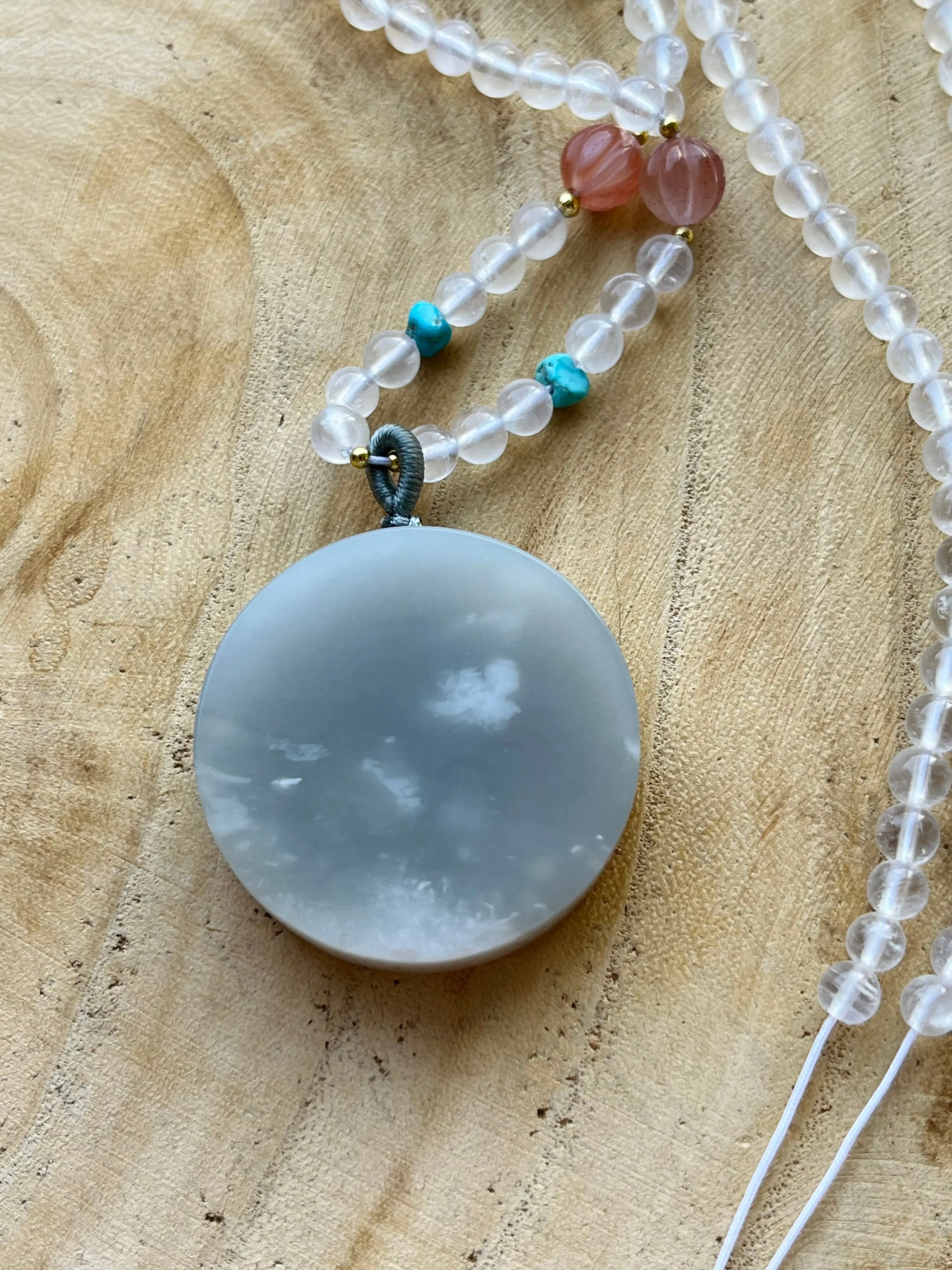 Handmade Necklace with a Purple Hetian Jade Round Shaped Pendant and Moonstone Beaded Cord