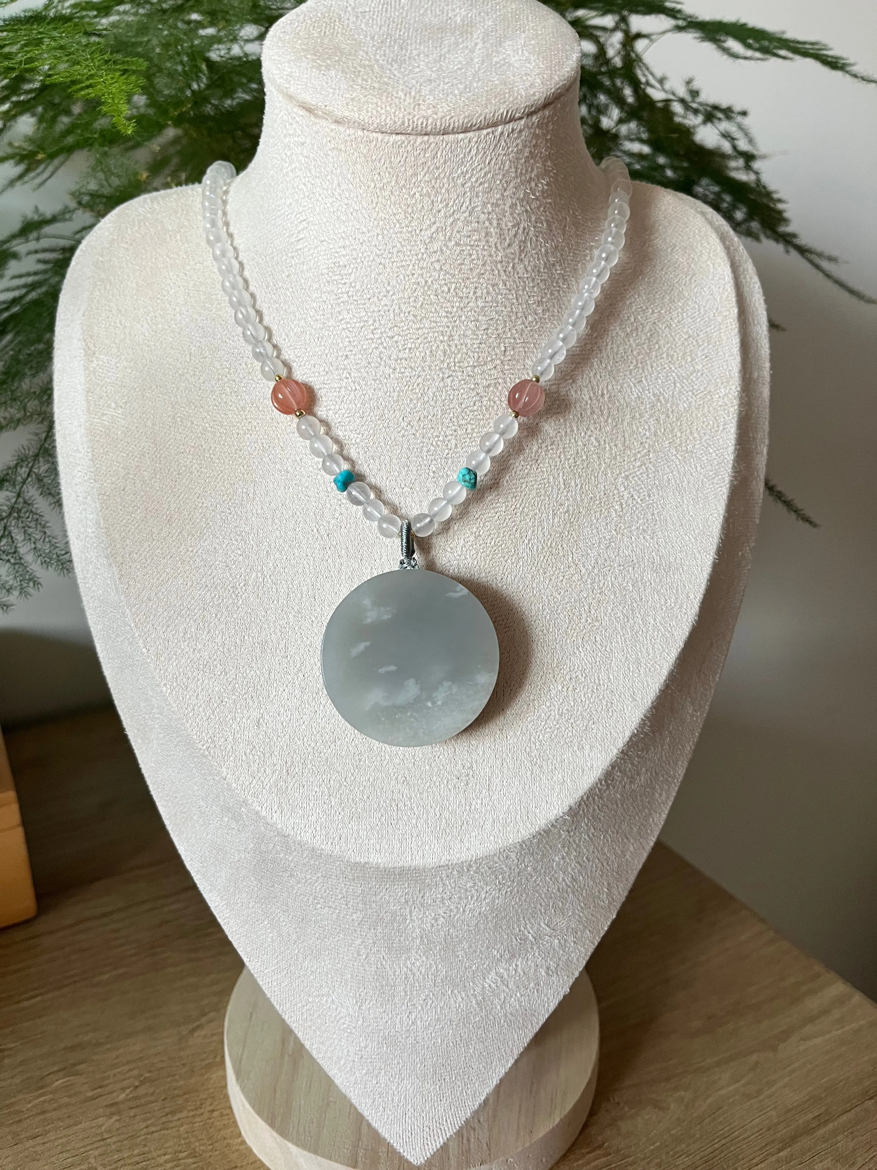 Handmade Necklace with a Purple Hetian Jade Round Shaped Pendant and Moonstone Beaded Cord