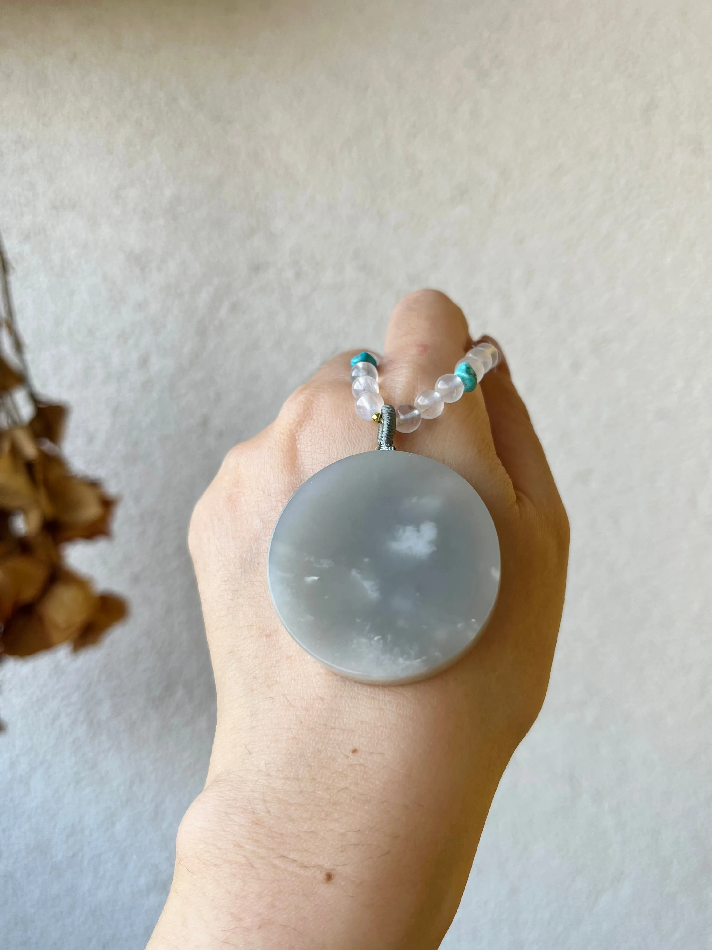 Handmade Necklace with a Purple Hetian Jade Round Shaped Pendant and Moonstone Beaded Cord