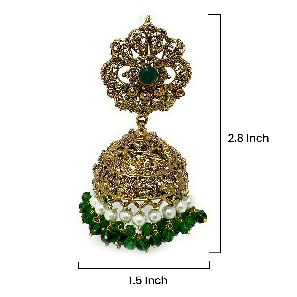Indian Pakistani Womens Multi Strand Green Long Rani Haar Necklace Gold Plated Pendant with Chandelier Jhumka Earrings Gift Set - Duel On Jewel