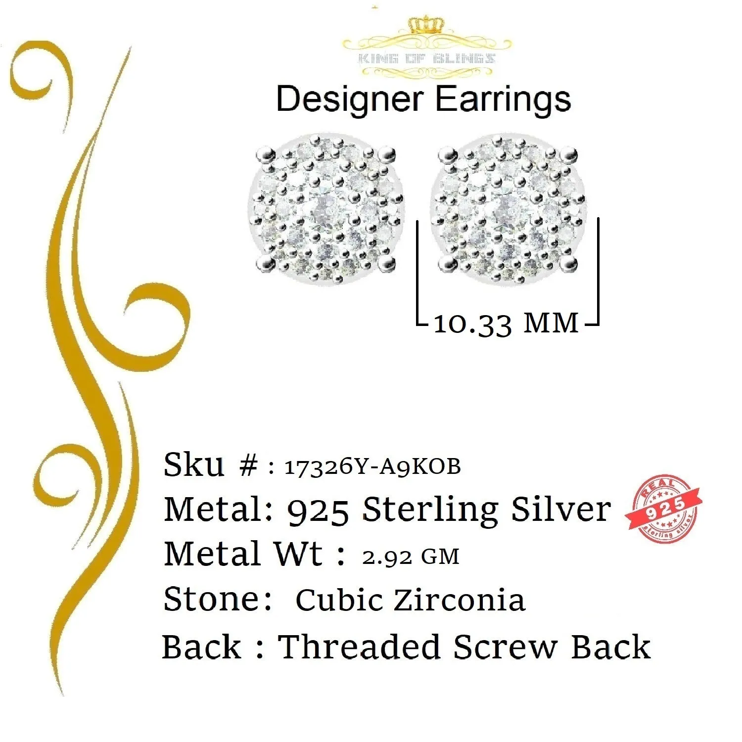 King of Bling's Aretes Para Hombre 925 Yellow Silver 1.20ct Cubic Zirconia Round Women's Earrings