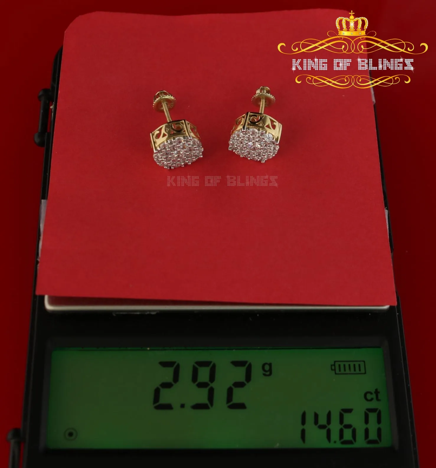 King of Bling's Aretes Para Hombre 925 Yellow Silver 1.20ct Cubic Zirconia Round Women's Earrings