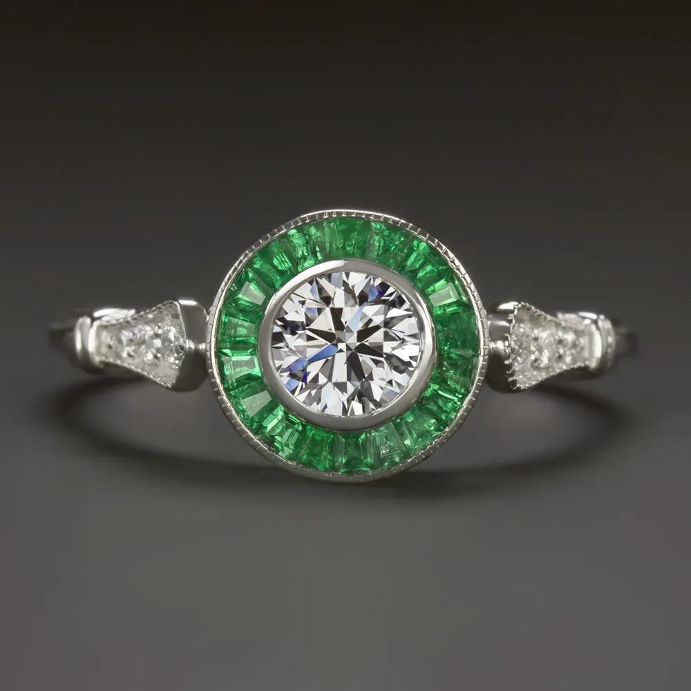 LAB CREATED DIAMOND EMERALD ENGAGEMENT RING VINTAGE STYLE TARGET HALO ART DECO