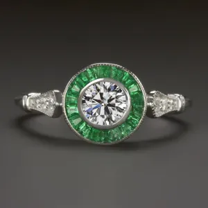 LAB CREATED DIAMOND EMERALD ENGAGEMENT RING VINTAGE STYLE TARGET HALO ART DECO