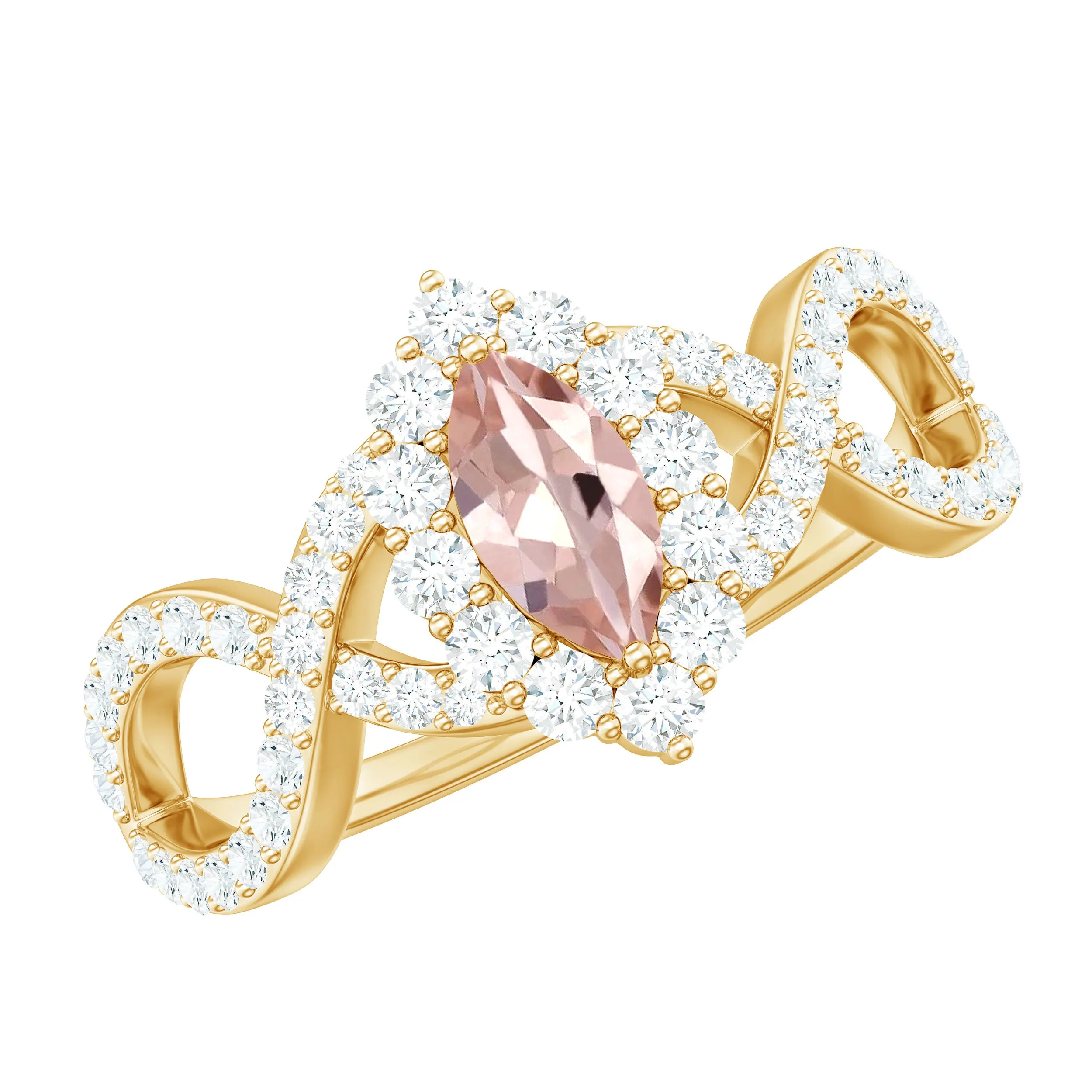 Marquise Morganite Crossover Engagement Ring with Diamond