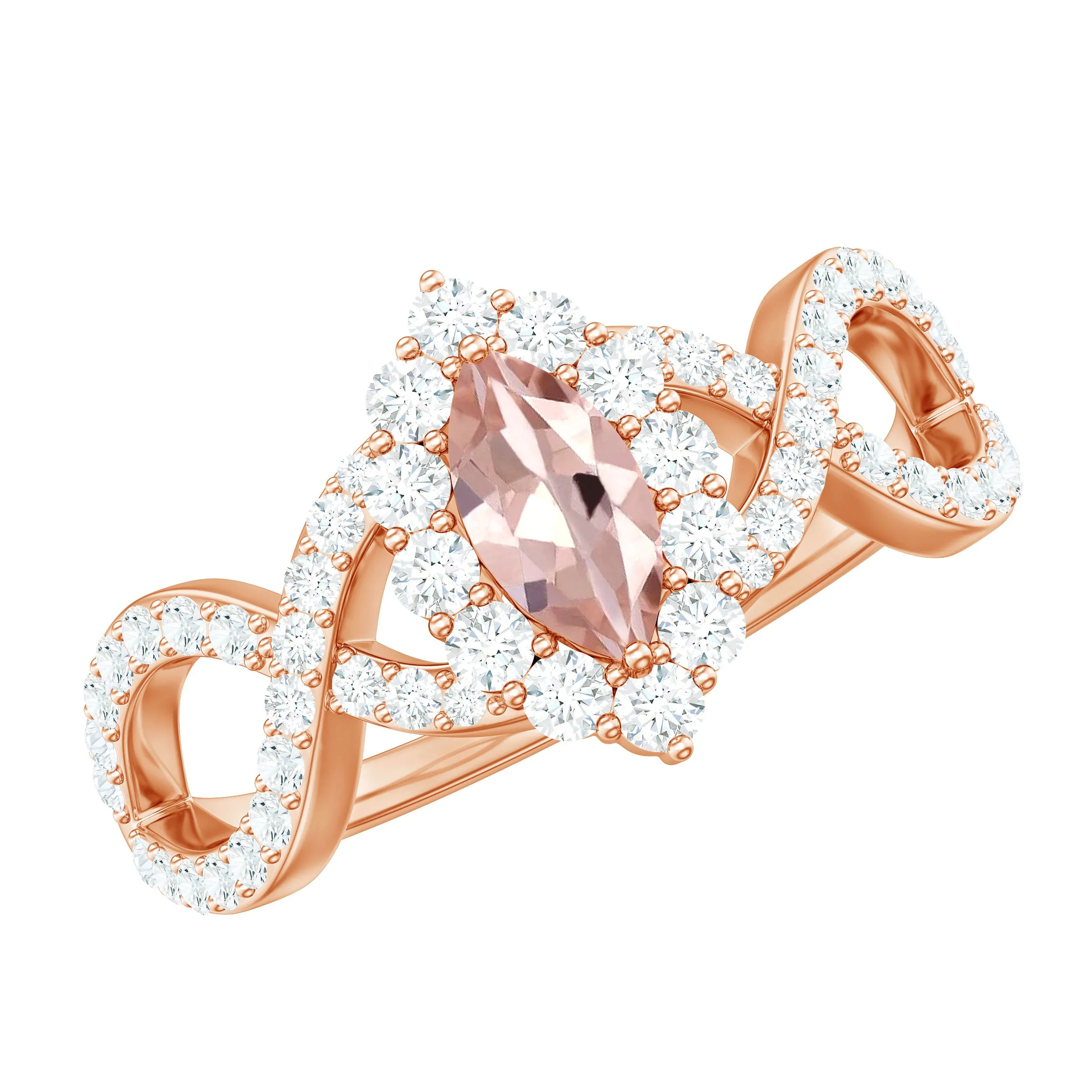 Marquise Morganite Crossover Engagement Ring with Diamond