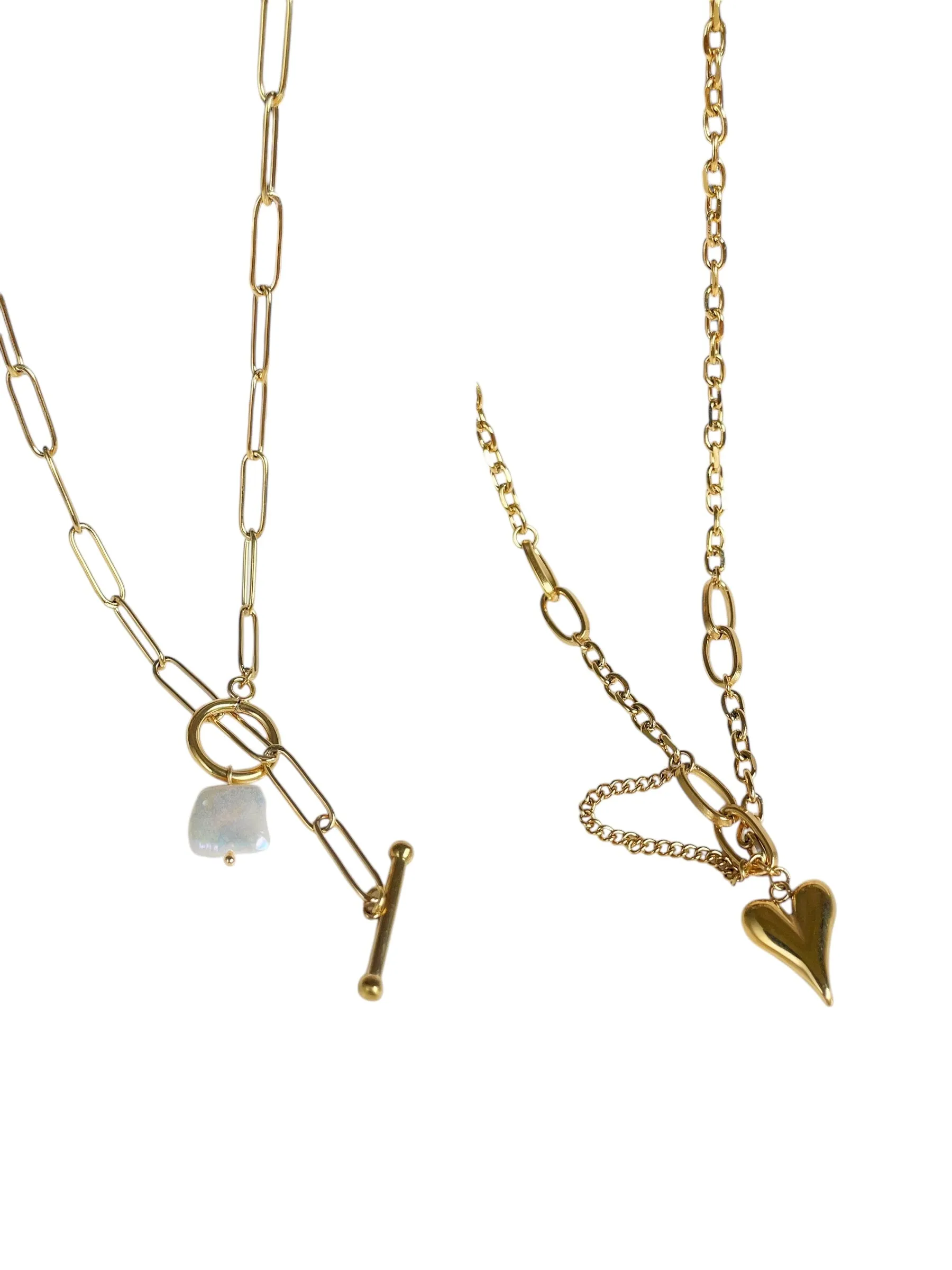 Modern Gold Chain Necklace Set, Toggle Clasp with Pearl Charm and Heart Pendant,