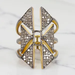 NATURAL .89c PAVE DIAMOND STATEMENT RING BIG GEOMETRIC COCKTAIL LONG CUFF SHIELD