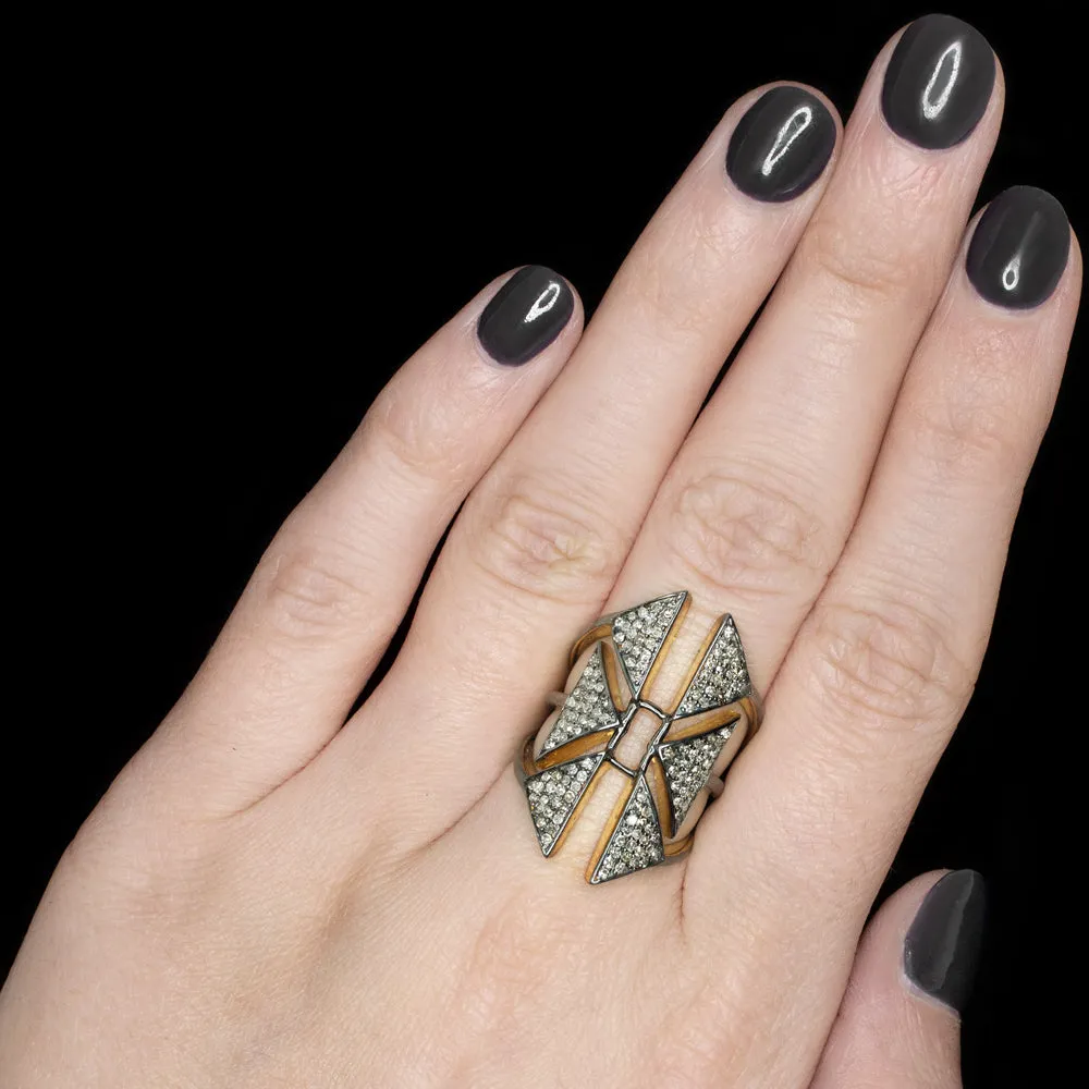 NATURAL .89c PAVE DIAMOND STATEMENT RING BIG GEOMETRIC COCKTAIL LONG CUFF SHIELD