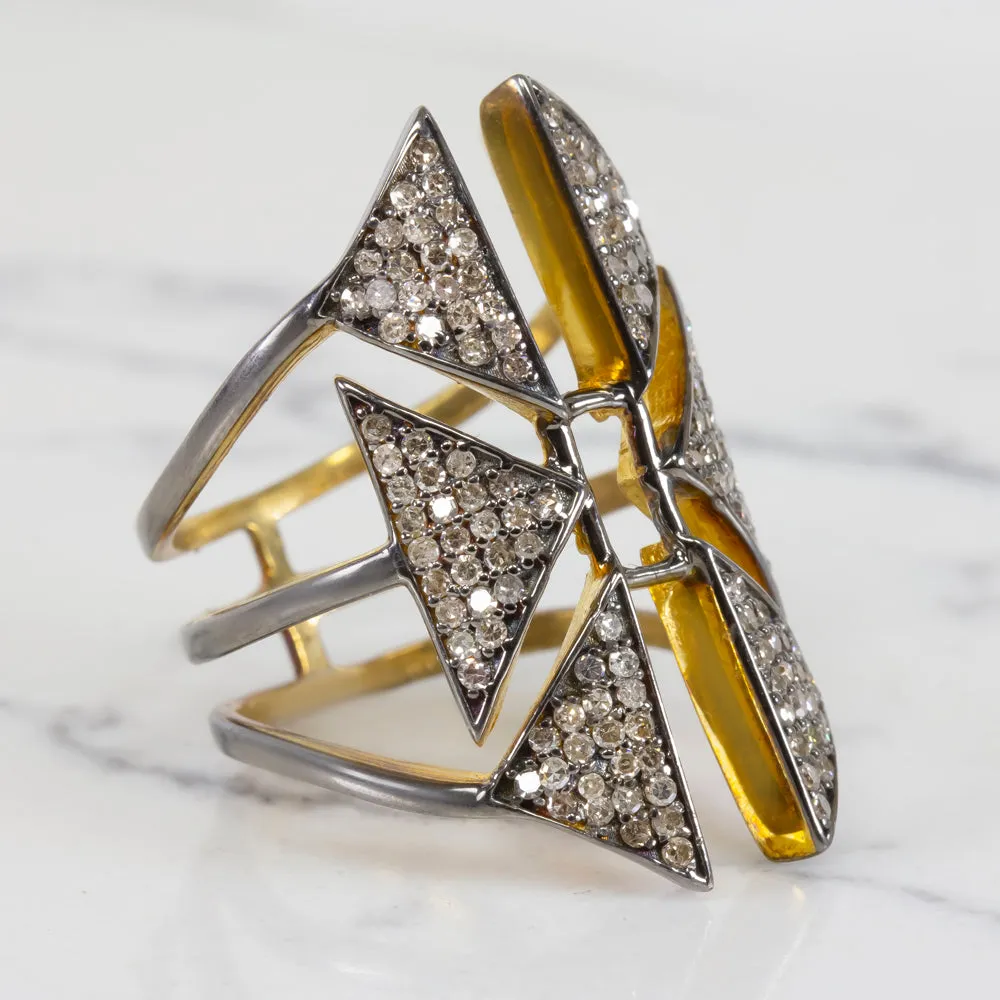 NATURAL .89c PAVE DIAMOND STATEMENT RING BIG GEOMETRIC COCKTAIL LONG CUFF SHIELD