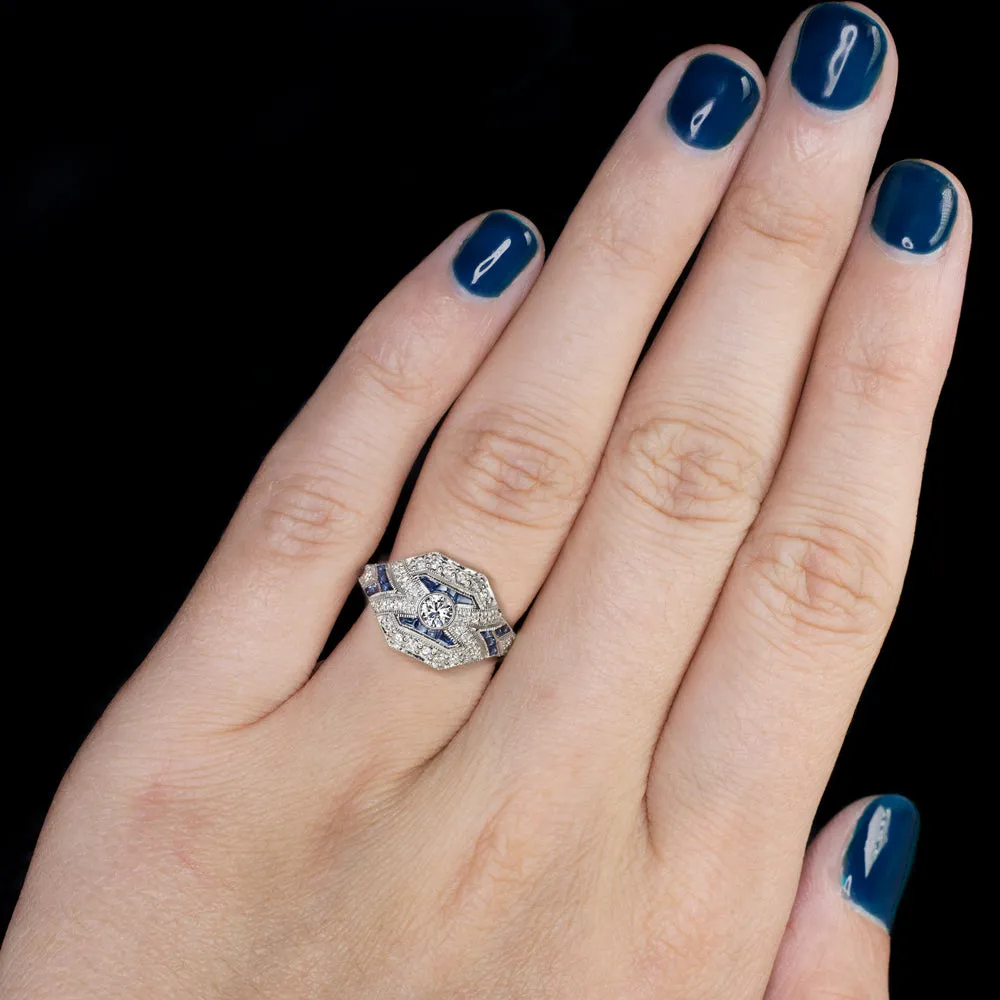 NATURAL DIAMOND SAPPHIRE VINTAGE STYLE RING ART DECO COCKTAIL WHITE GOLD CALIBRE