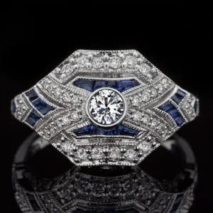 NATURAL DIAMOND SAPPHIRE VINTAGE STYLE RING ART DECO COCKTAIL WHITE GOLD CALIBRE