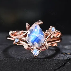 Nature Inspired Natural Moonstone Engagement Rings Set Vintage 10K Rose Gold Pear Branch Design Cluster Leaf Wedding Ring Anniversary Gifts