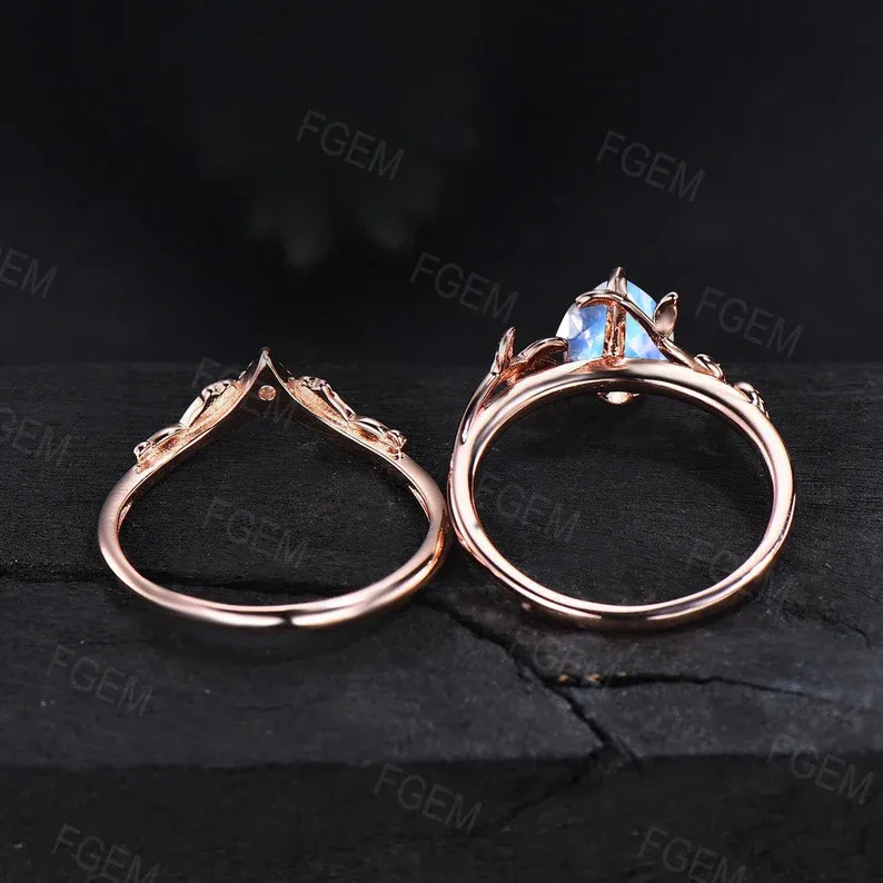 Nature Inspired Natural Moonstone Engagement Rings Set Vintage 10K Rose Gold Pear Branch Design Cluster Leaf Wedding Ring Anniversary Gifts